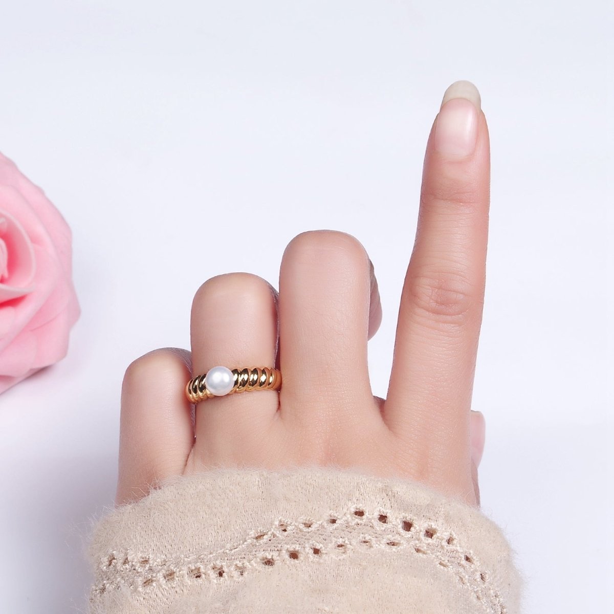 14K Gold Filled Pearl Croissant Solitaire Ring | O1313 - DLUXCA