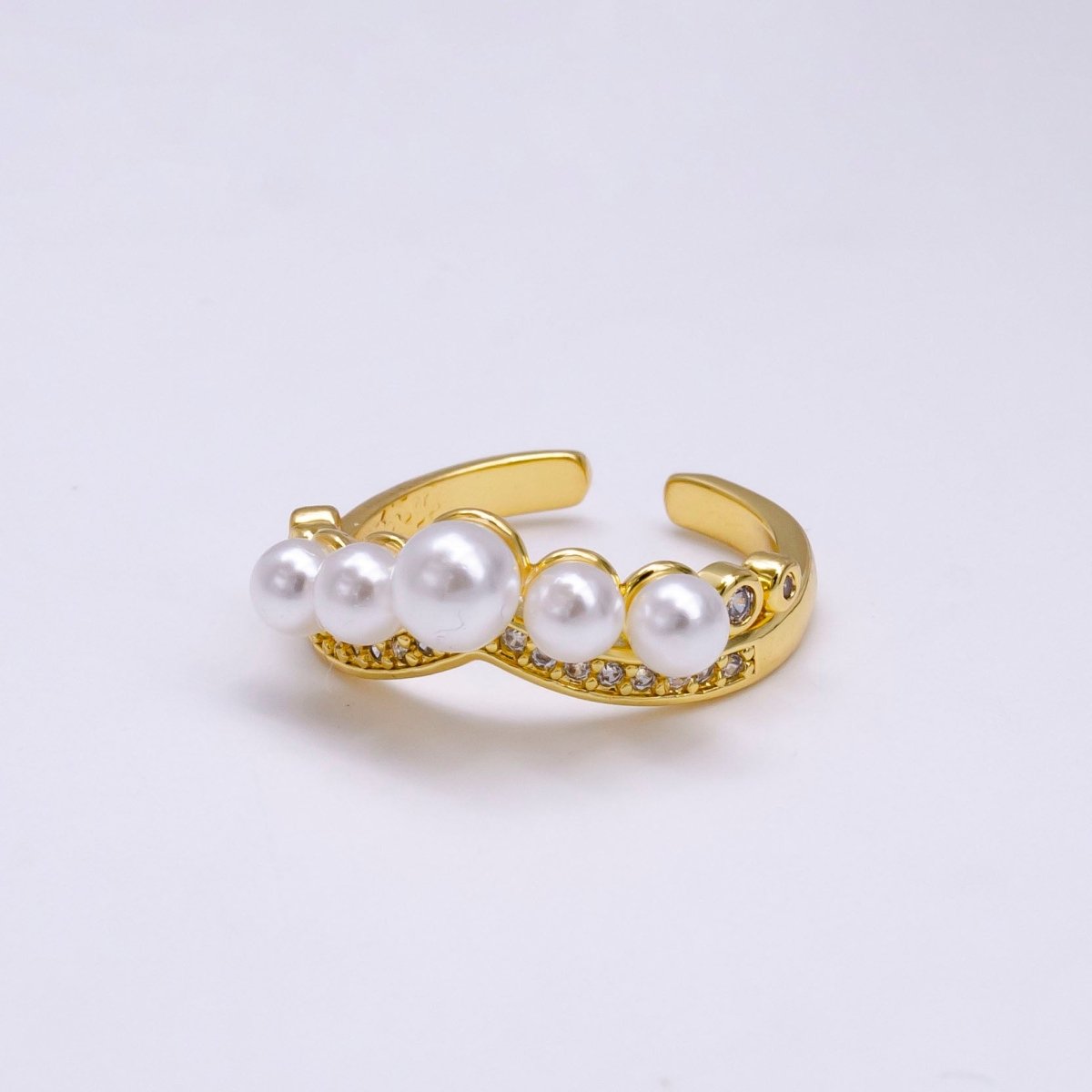 14K Gold Filled Pearl Dotted Clear Micro Paved CZ Chevron Ring in Gold & Silver | O-833 O-633 - DLUXCA