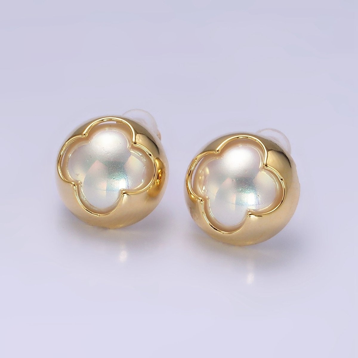14K Gold Filled Pearl Iridescent Quatrefoil Bezel Round Stud Earrings in Gold & Silver | V264 V265 - DLUXCA