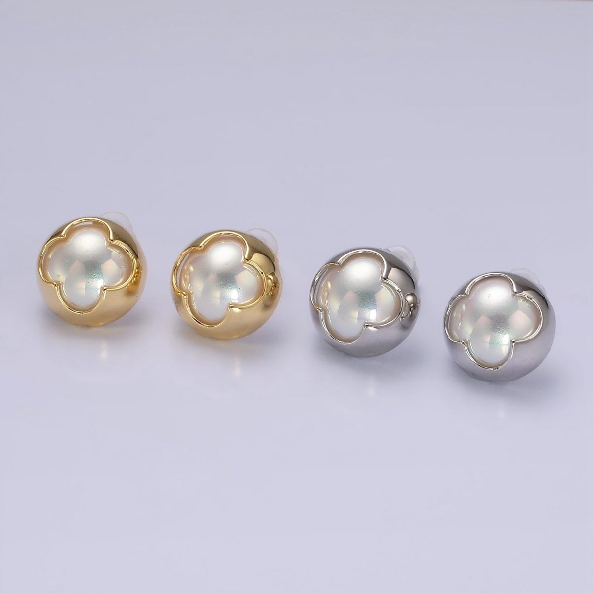 14K Gold Filled Pearl Iridescent Quatrefoil Bezel Round Stud Earrings in Gold & Silver | V264 V265 - DLUXCA
