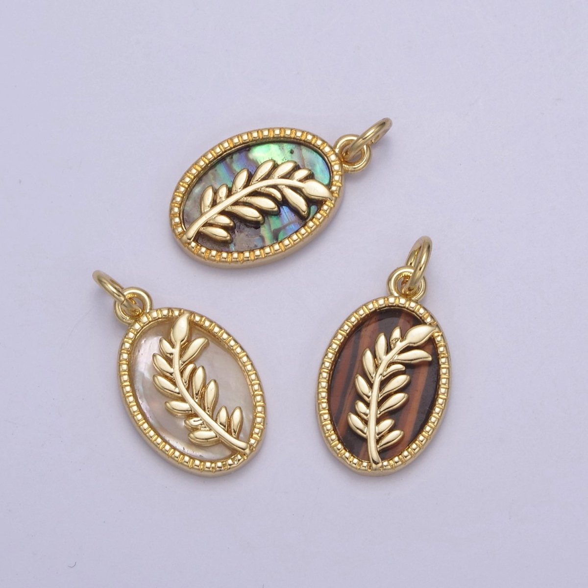 14K Gold Filled Pearl, Tiger Eye, Abalone Shell Charm Pendant Olive Branch Charm for Floral Necklace Bracelet Jewelry Making N-768 - N-770 - DLUXCA