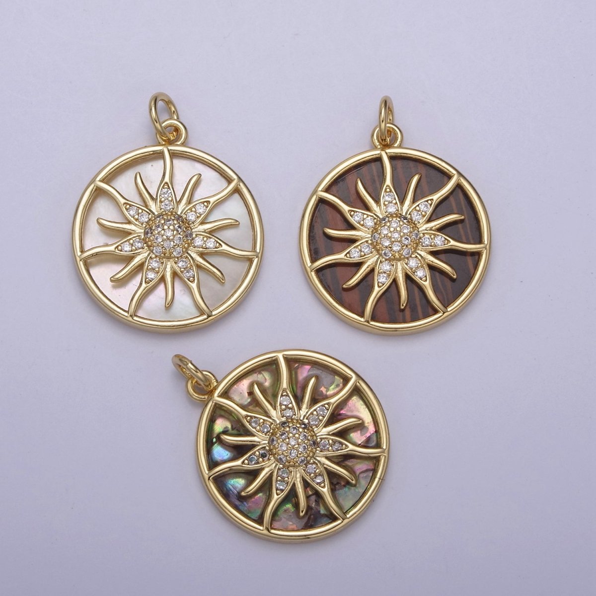 14K Gold Filled Pearl, Tiger Eye, Abalone Shell Charm Pendant Sun Ray Charm for Celestial Necklace Bracelet Jewelry Making N-690 - N-692 - DLUXCA