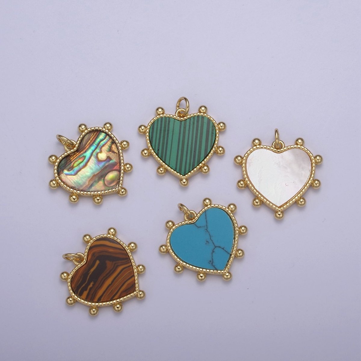 14K Gold Filled Pearl, Tiger Eye, Turquoise Abalone Shell Charm Pendant Beaded Heart Love Charm for Necklace Bracelet Jewelry Making N-642 - N-646 - DLUXCA