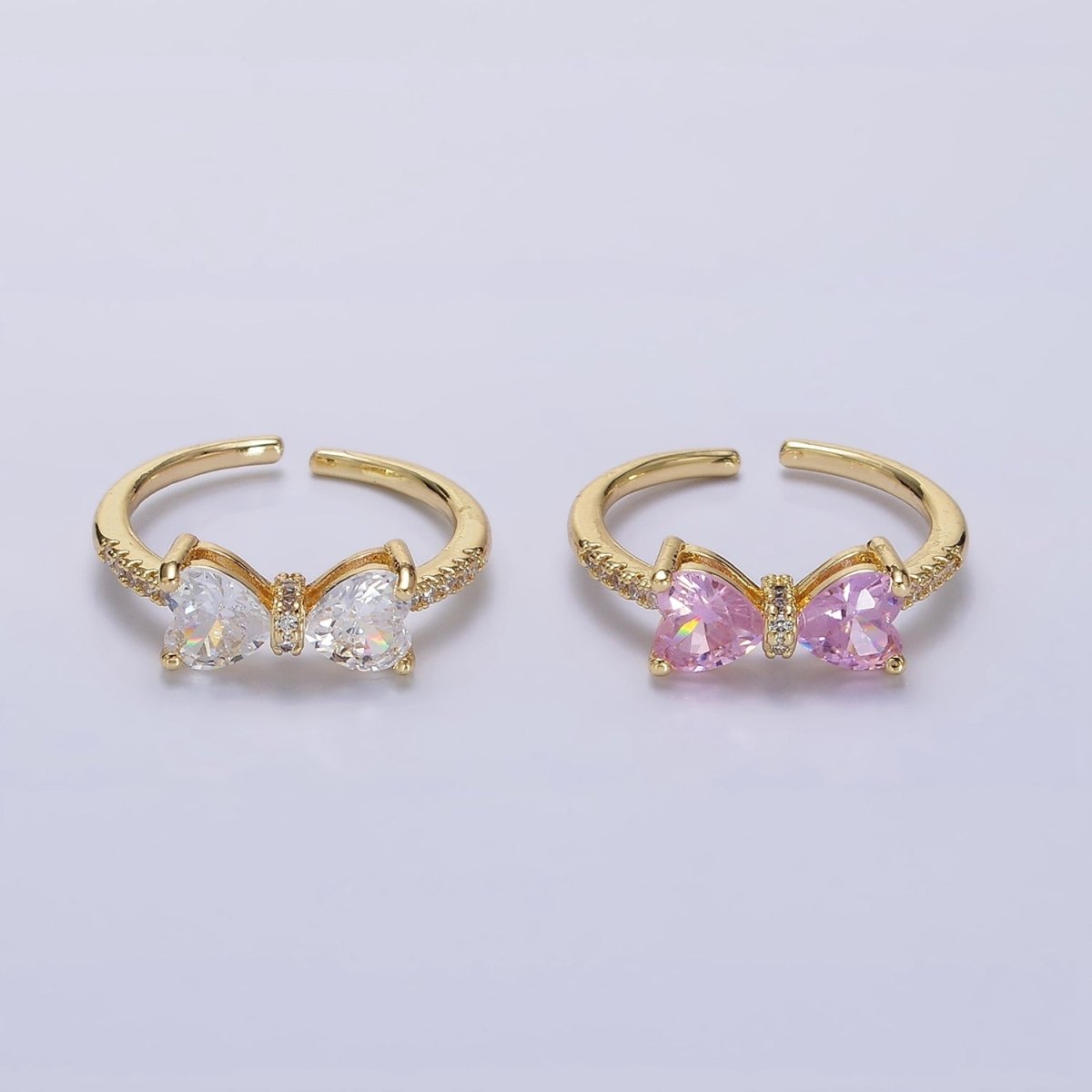 14K Gold Filled Pink, Clear CZ Heart Ribbon Micro Paved Ring | O-637 O-638 - DLUXCA