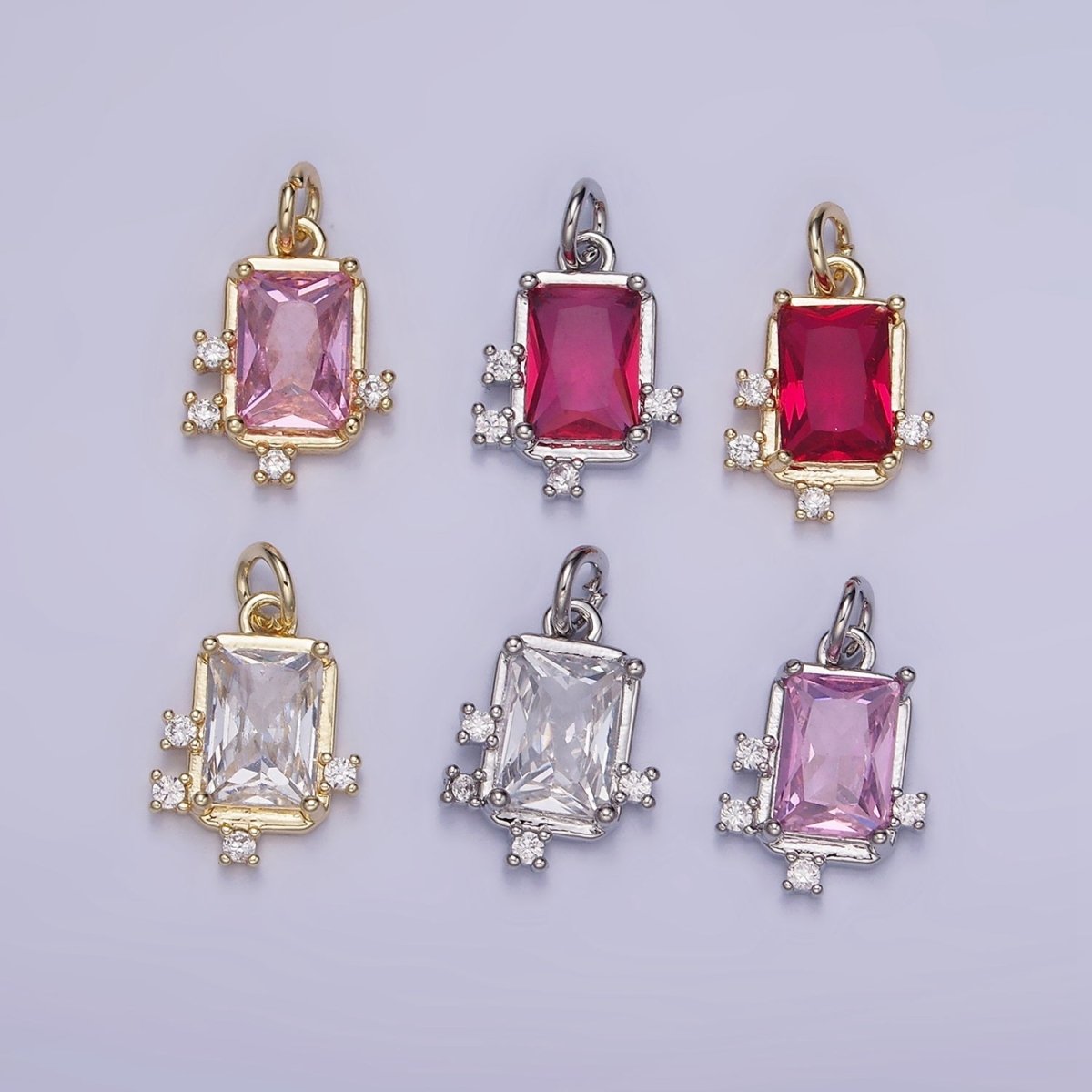 14K Gold Filled Pink, Clear, Fuchsia Baguette CZ Bezel Charm in Gold & Silver | W533 - W535 - DLUXCA
