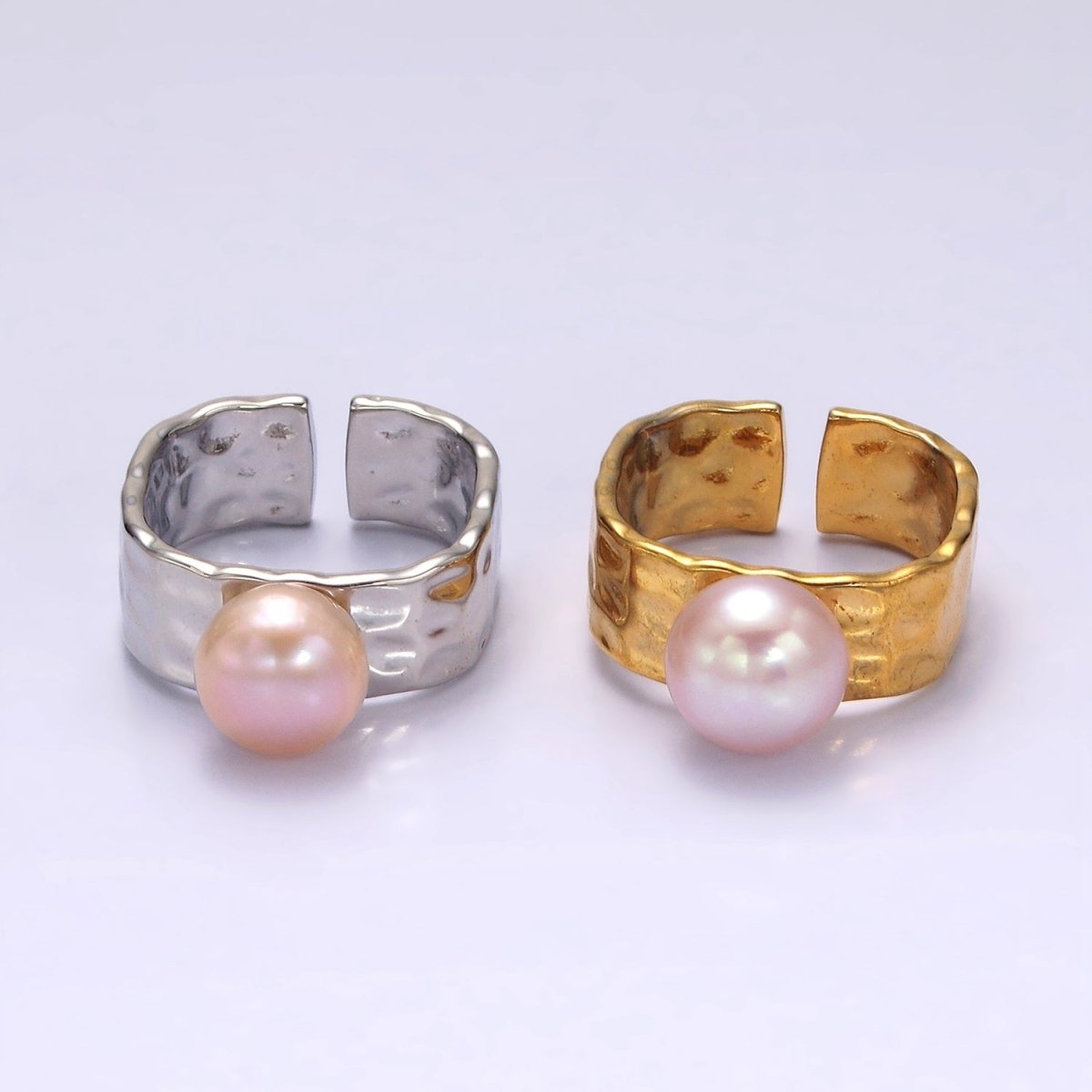 14K Gold Filled Pink Pearl Hammered Wide Band Ring in Gold & Silver | O1098 O1099 - DLUXCA