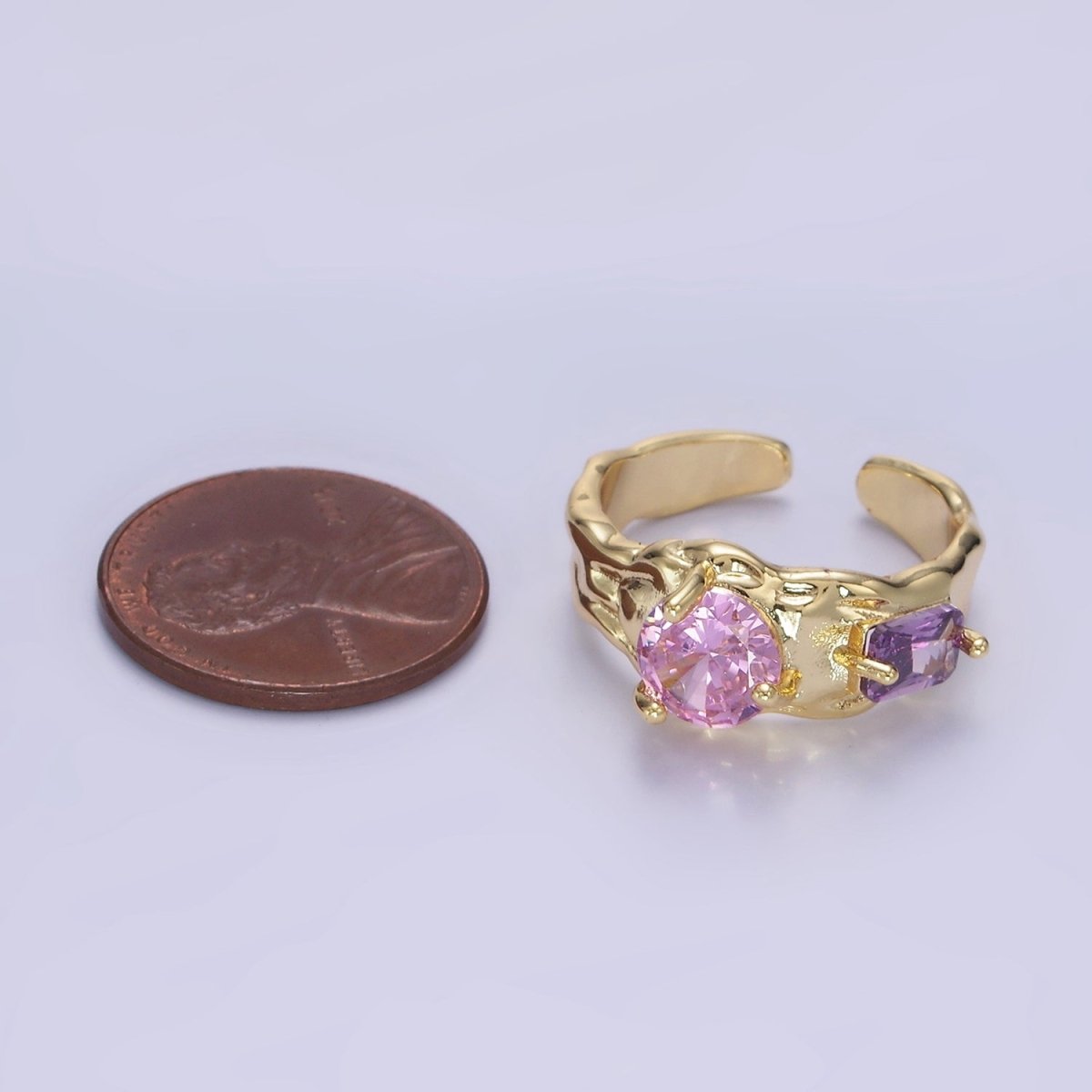 14K Gold Filled Pink Purple CZ Hammered Ring in Gold & Silver | O1329 O1330 - DLUXCA