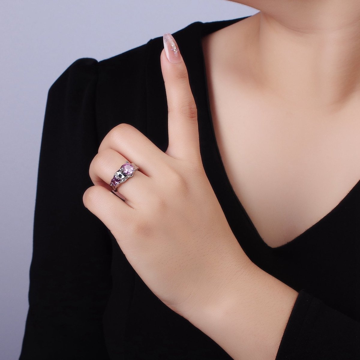 14K Gold Filled Pink Purple CZ Hammered Ring in Gold & Silver | O1329 O1330 - DLUXCA