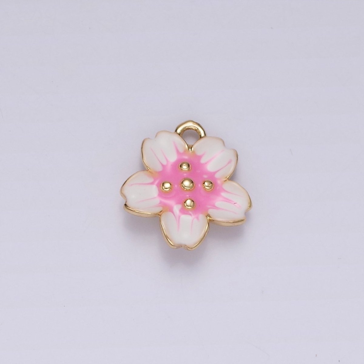 14K Gold Filled Pink White Dotted Sakura Flower Petal Puffed Mini Charm | AG611 - DLUXCA