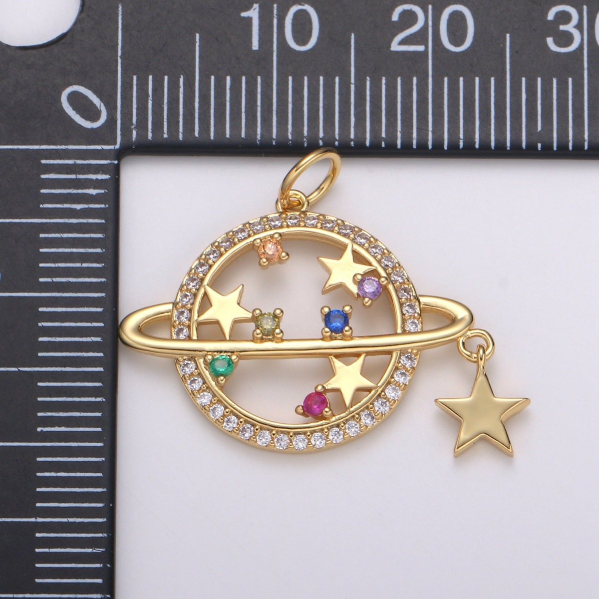 14k Gold Filled Planet Saturn Charm Pendant, Micro Pave CZ Galaxy Charm Colorful Star for Necklace Bracelet Component Celestial Jewelry E-214 - DLUXCA