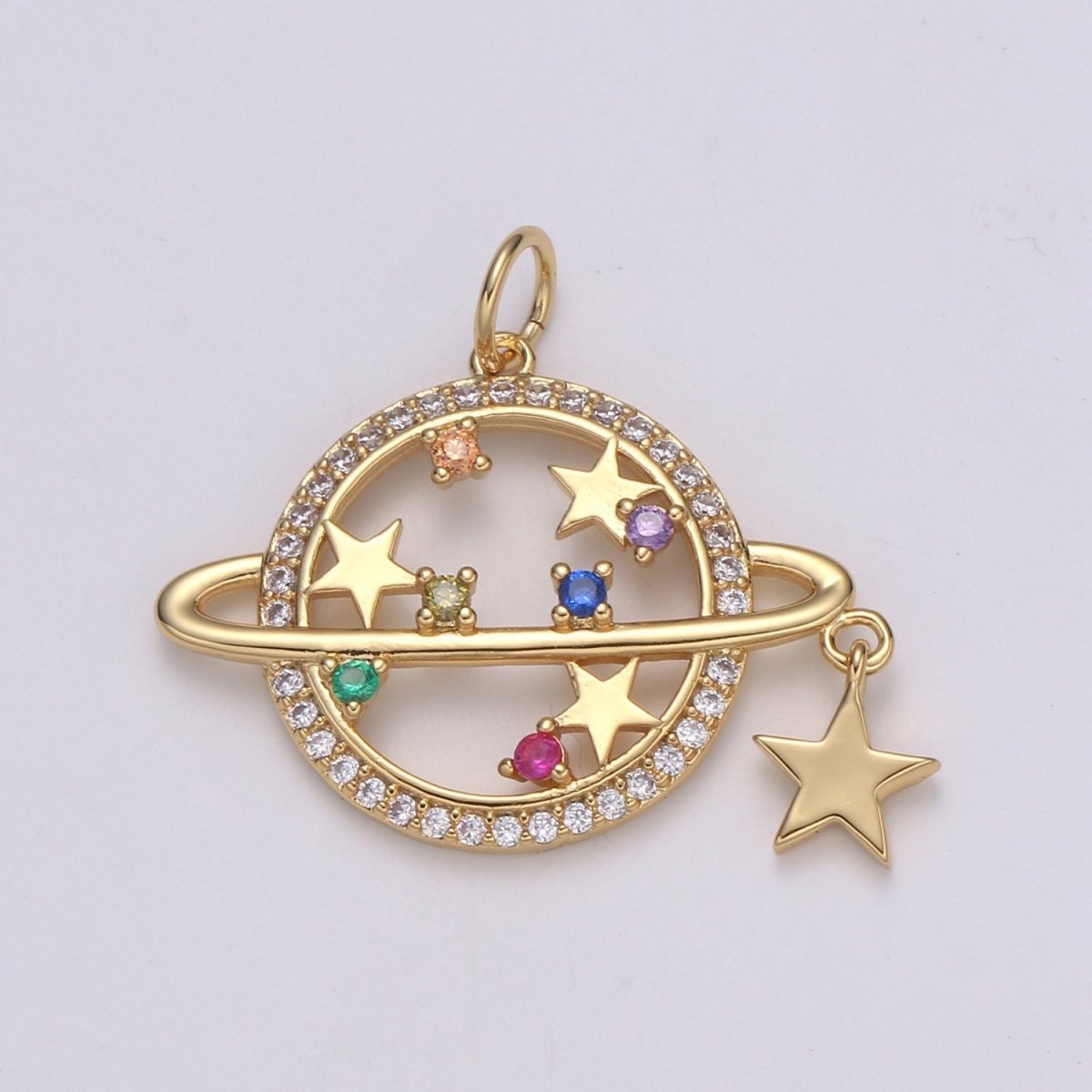 14k Gold Filled Planet Saturn Charm Pendant, Micro Pave CZ Galaxy Charm Colorful Star for Necklace Bracelet Component Celestial Jewelry E-214 - DLUXCA