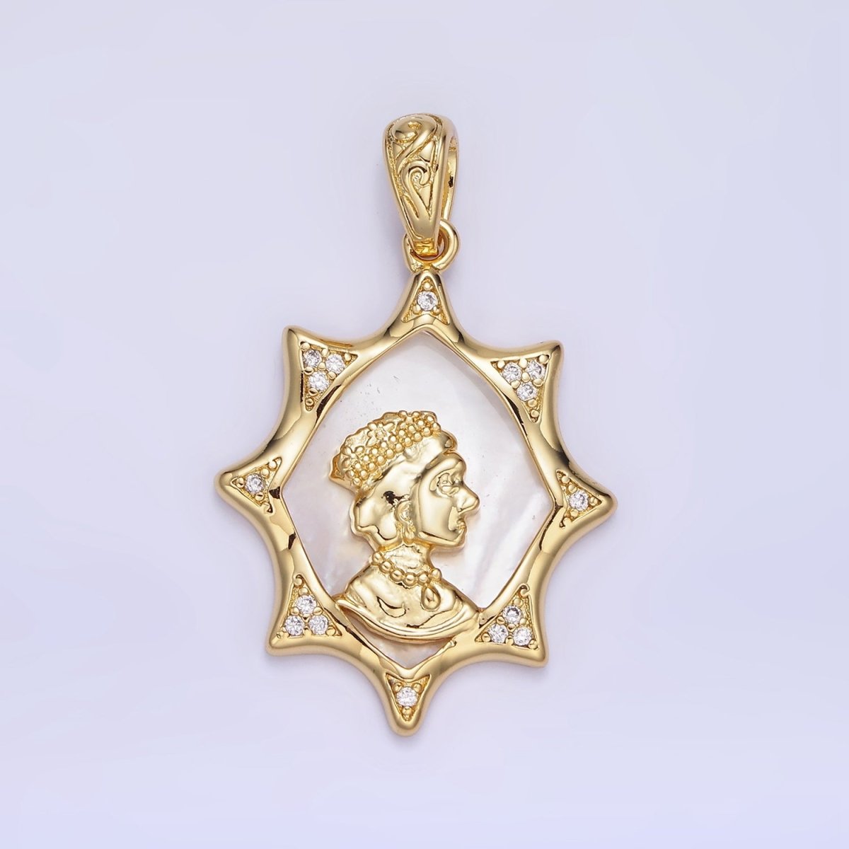14K Gold Filled Portrait Shell Pearl Celestial Star CZ Micro Paved Pendant | AA1130 - DLUXCA