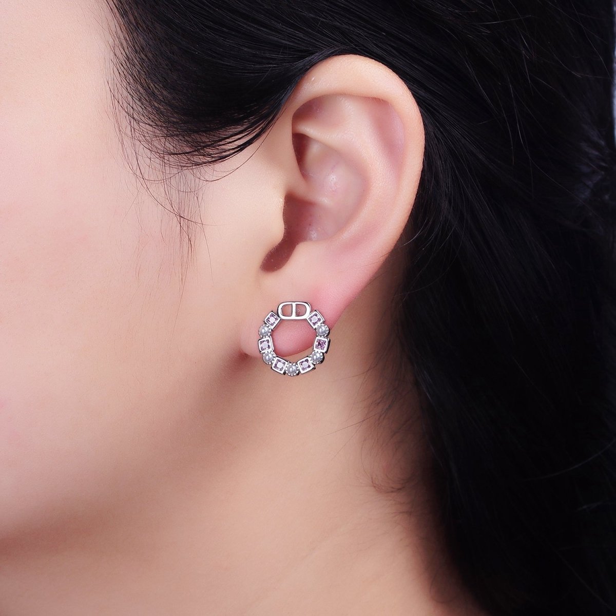 14K Gold Filled Purple, Blue CZ Pearl Open Round Stud Earrings in Gold & Silver | AD1122 - AD1125 - DLUXCA