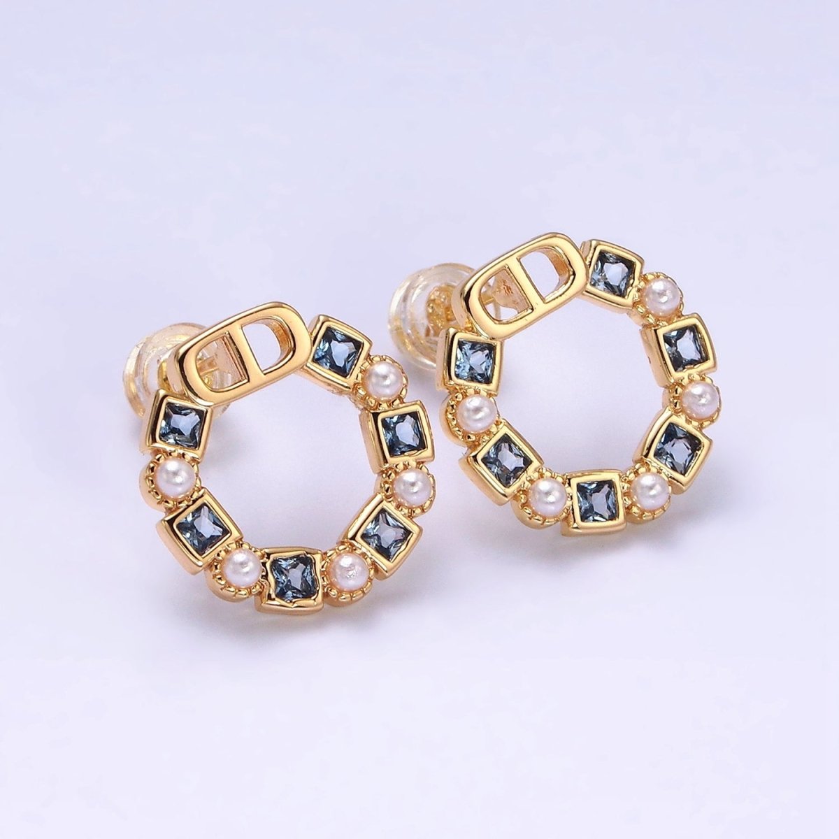 14K Gold Filled Purple, Blue CZ Pearl Open Round Stud Earrings in Gold & Silver | AD1122 - AD1125 - DLUXCA