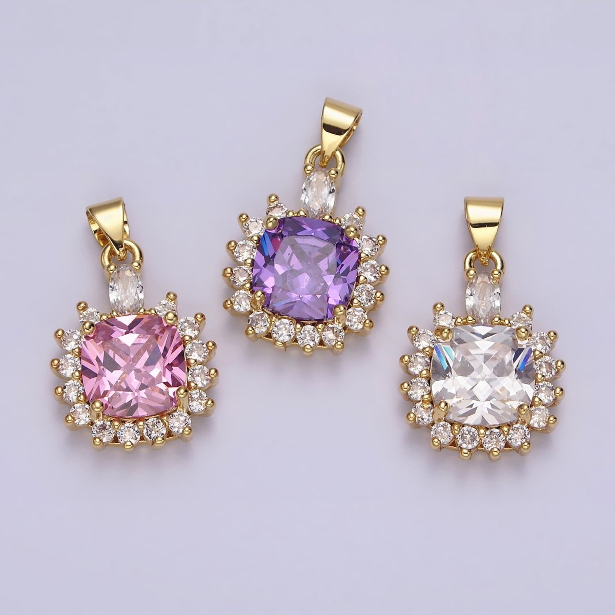 14K Gold Filled Purple, Clear, Pink Square Round CZ Pendant | AA656 - AA658 - DLUXCA