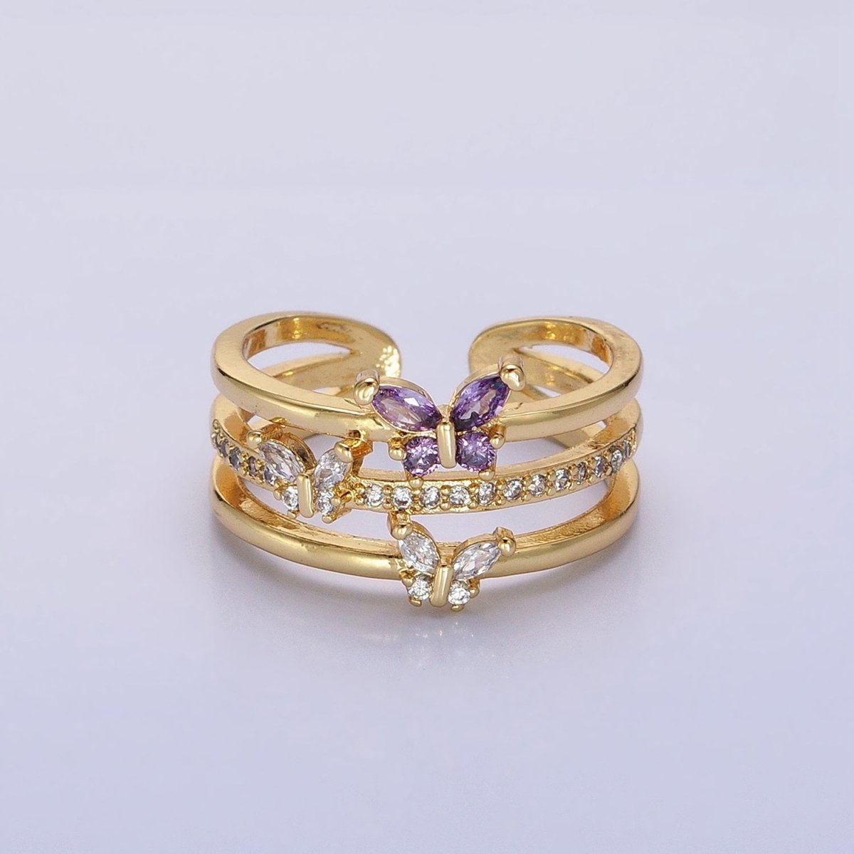 14K Gold Filled Purple CZ Butterfly Mariposa Clear Micro Paved Triple Band Ring in Gold & Silver | O-1559 O-1560 - DLUXCA