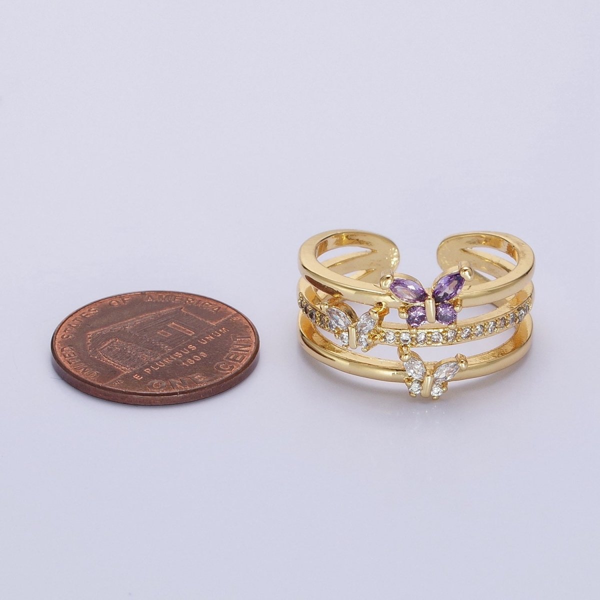 14K Gold Filled Purple CZ Butterfly Mariposa Clear Micro Paved Triple Band Ring in Gold & Silver | O-1559 O-1560 - DLUXCA