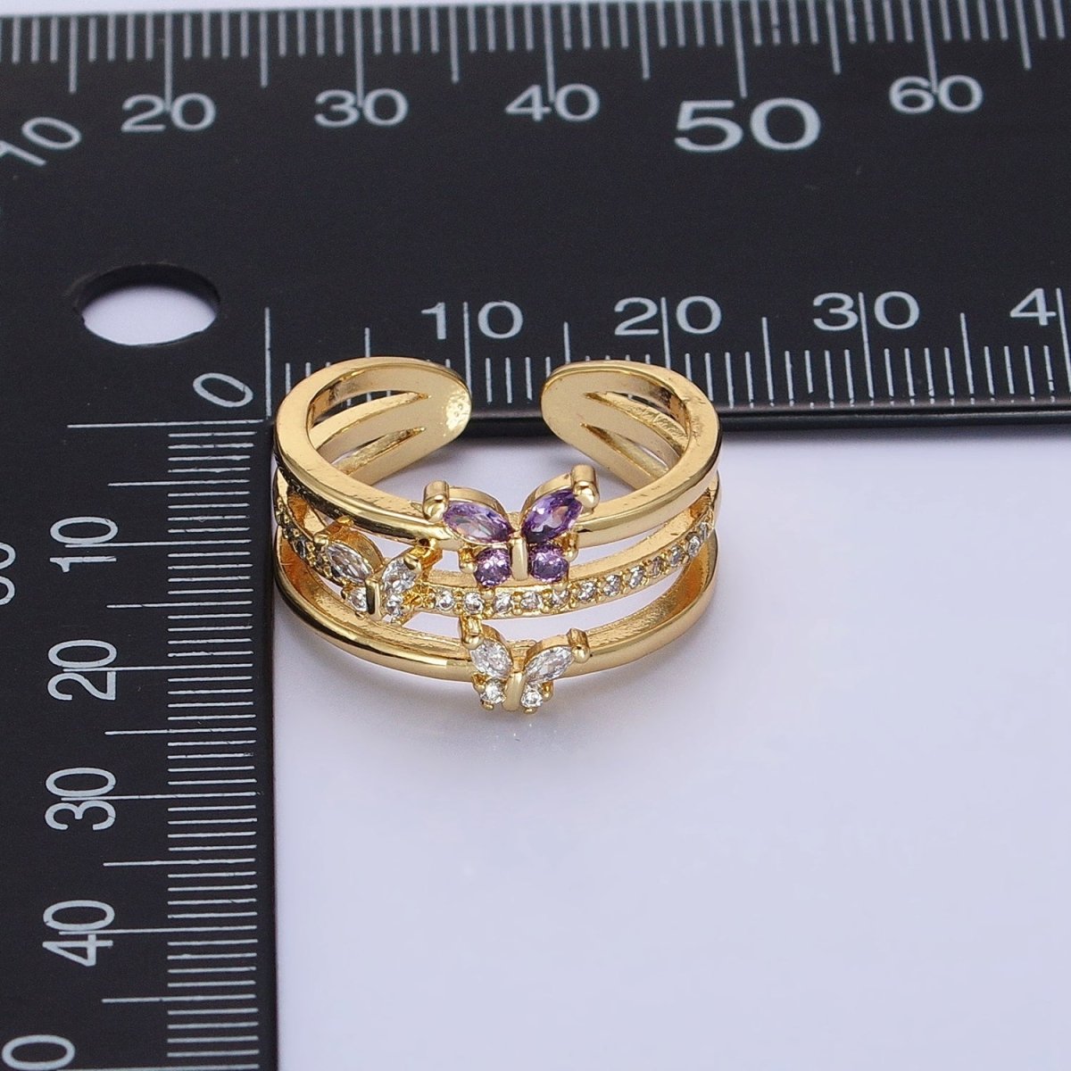 14K Gold Filled Purple CZ Butterfly Mariposa Clear Micro Paved Triple Band Ring in Gold & Silver | O-1559 O-1560 - DLUXCA