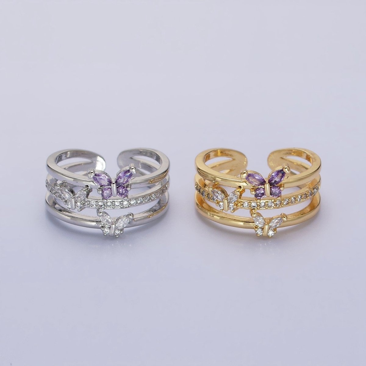 14K Gold Filled Purple CZ Butterfly Mariposa Clear Micro Paved Triple Band Ring in Gold & Silver | O-1559 O-1560 - DLUXCA