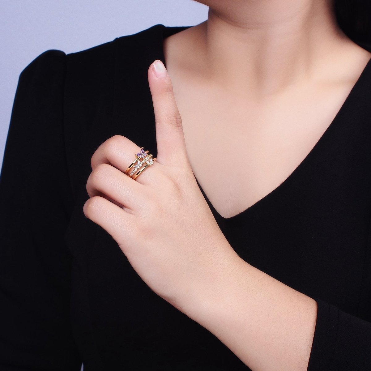 14K Gold Filled Purple CZ Butterfly Mariposa Clear Micro Paved Triple Band Ring in Gold & Silver | O-1559 O-1560 - DLUXCA