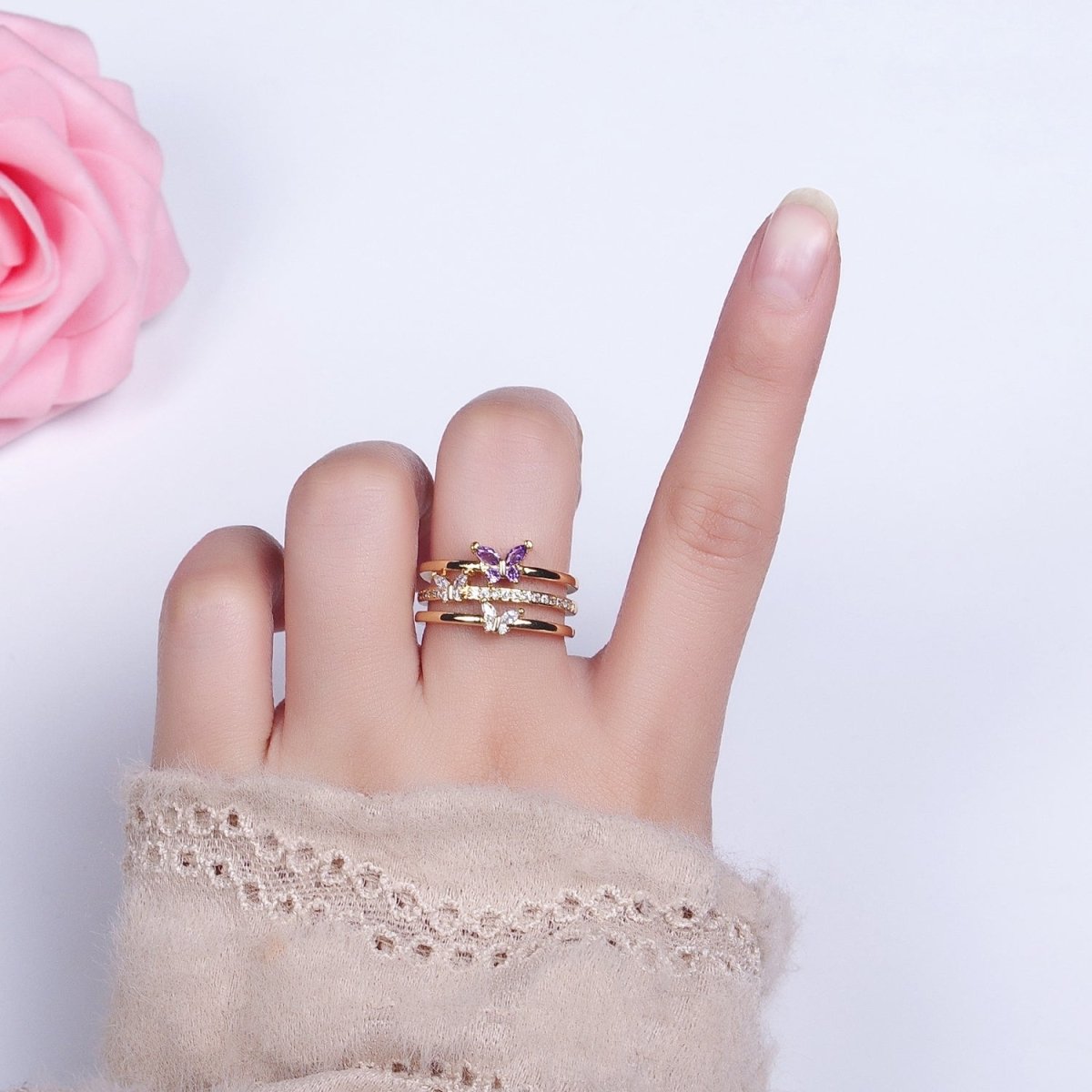 14K Gold Filled Purple CZ Butterfly Mariposa Clear Micro Paved Triple Band Ring in Gold & Silver | O-1559 O-1560 - DLUXCA