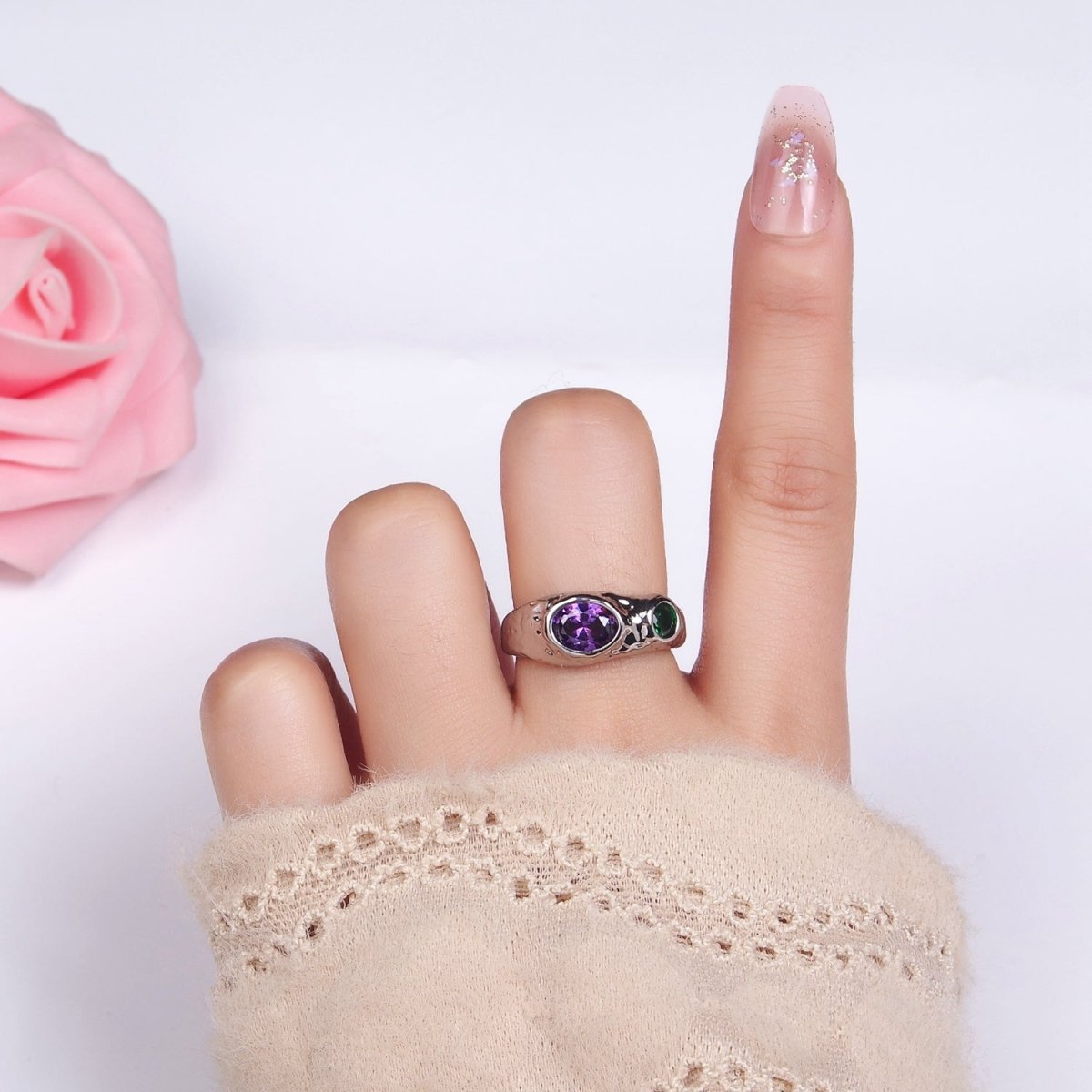 14K Gold Filled Purple Green CZ Hammered Ring in Gold & Silver | O1339 O1340 - DLUXCA