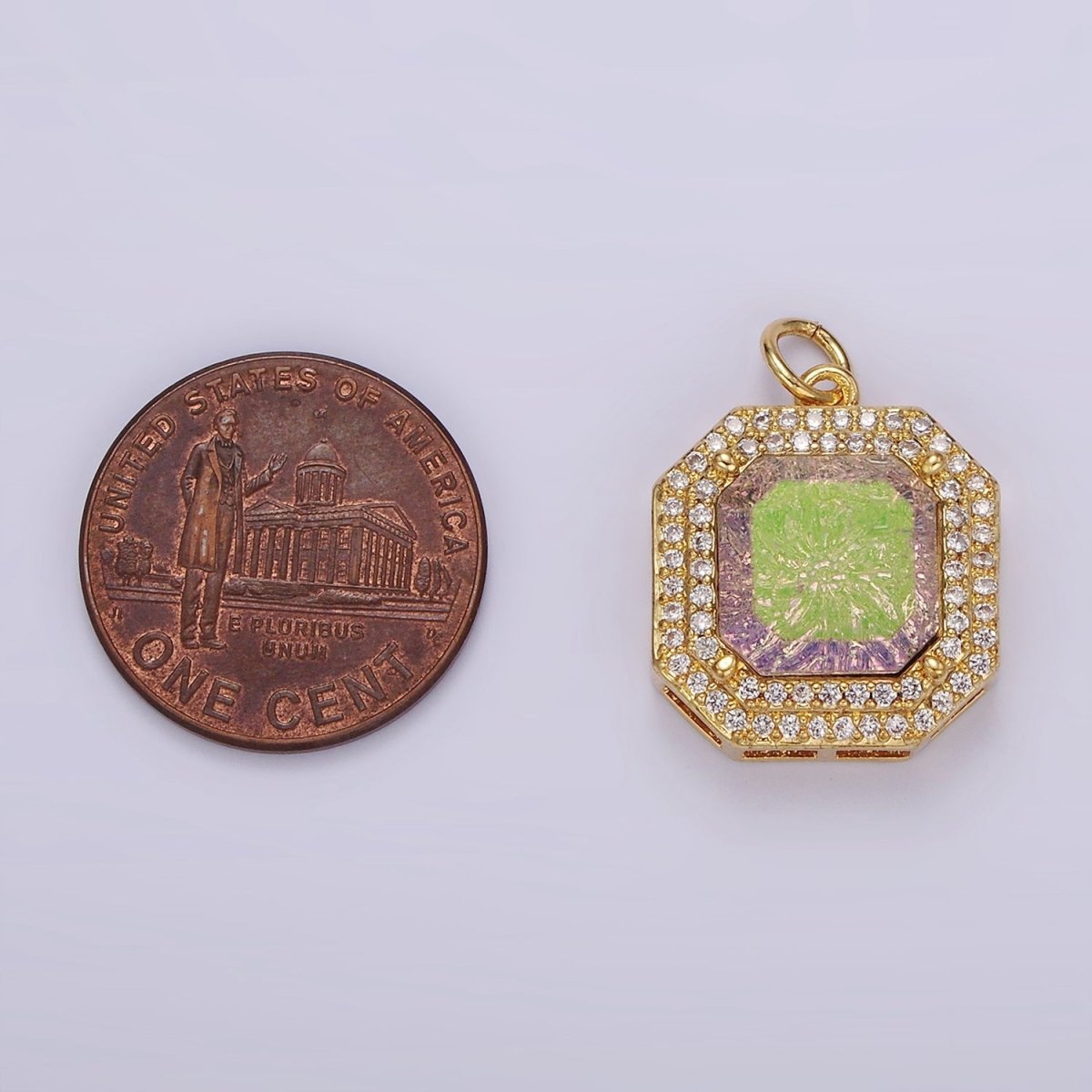 14K Gold Filled Purple Iridescent CZ Micro Paved Hexagonal Charm | AG443 - DLUXCA