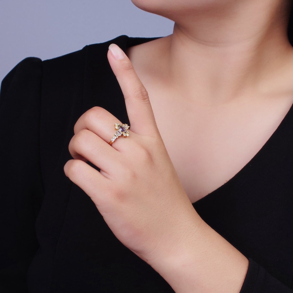 14K Gold Filled Purple Marquise CZ Baguette Clear Ring | O1258 - DLUXCA