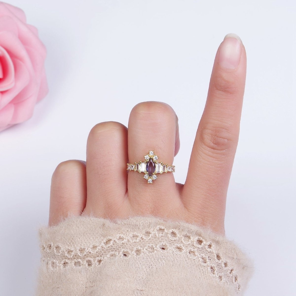 14K Gold Filled Purple Marquise CZ Baguette Clear Ring | O1258 - DLUXCA