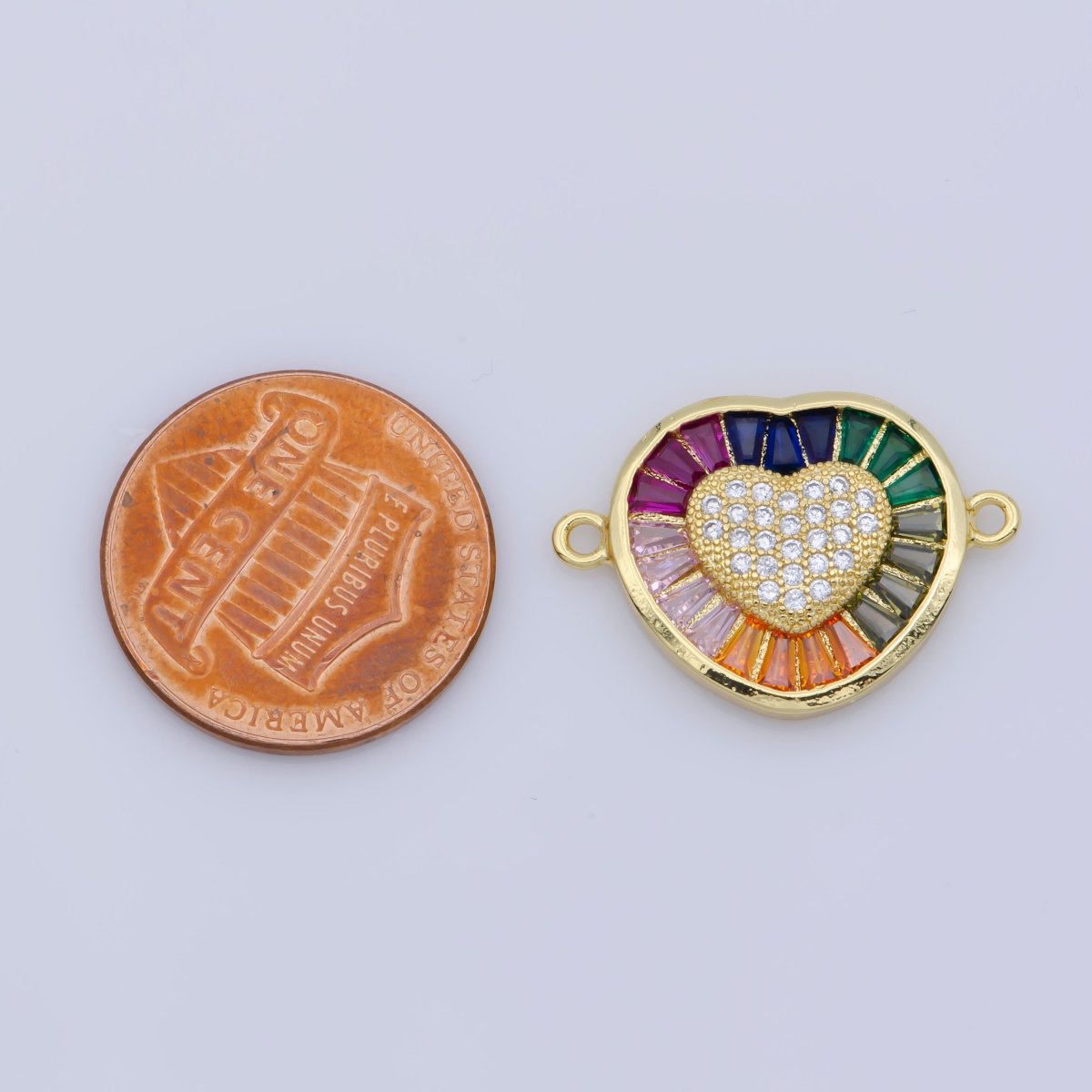14K Gold Filled Rainbow CZ stone Heart, Colorful stone Sweet Heart, Micro pave CZ stone Cubic Zirconia Connector Bracelet Charms F-349 - DLUXCA
