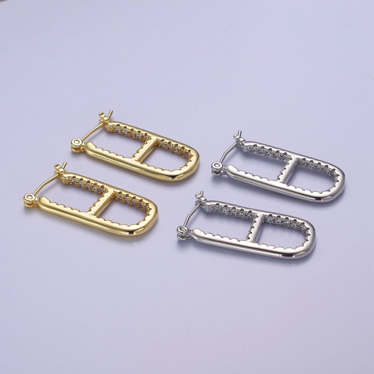 14k Gold Filled Rectangular Hoop Earring Chunky Gold CZ Oblong Hoop Earring Minimalist Rectangle Earring Silver Pill Earring Chunky Style Earring V-106 V-107 - DLUXCA