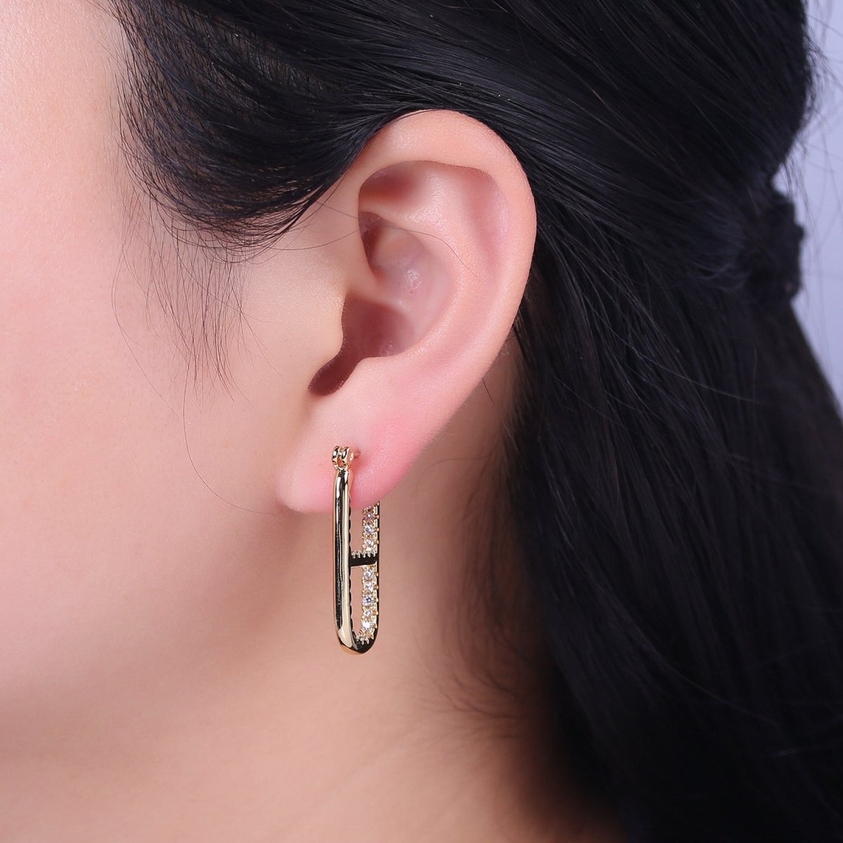 14k Gold Filled Rectangular Hoop Earring Chunky Gold CZ Oblong Hoop Earring Minimalist Rectangle Earring Silver Pill Earring Chunky Style Earring V-106 V-107 - DLUXCA
