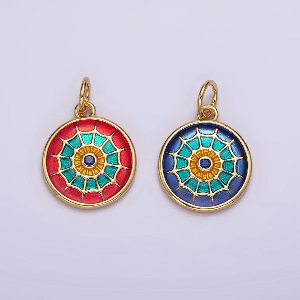 14K Gold Filled Red, Blue Multicolor Spider Web Evil Eye Round Charm | AG525 AG526 - DLUXCA