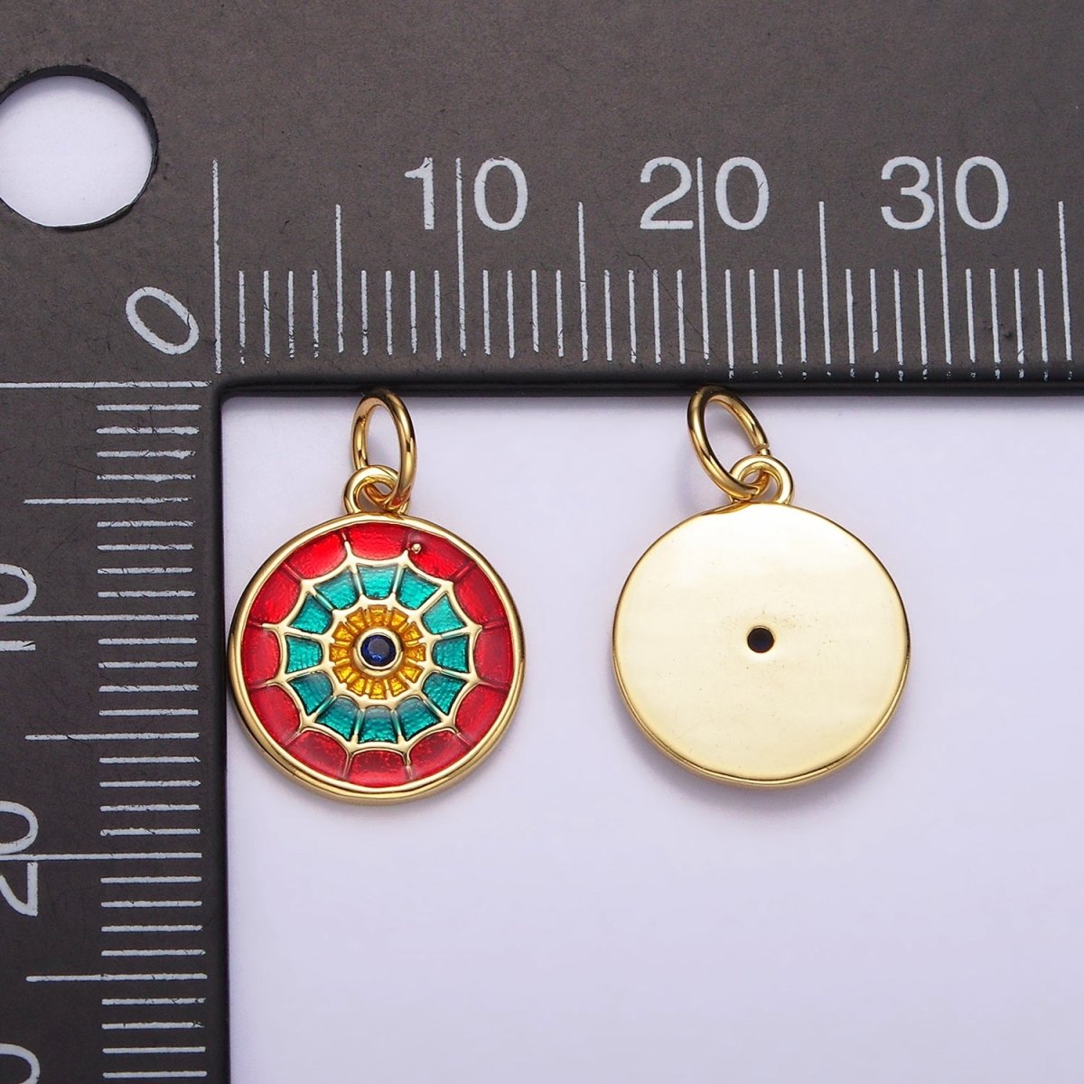 14K Gold Filled Red, Blue Multicolor Spider Web Evil Eye Round Charm | AG525 AG526 - DLUXCA