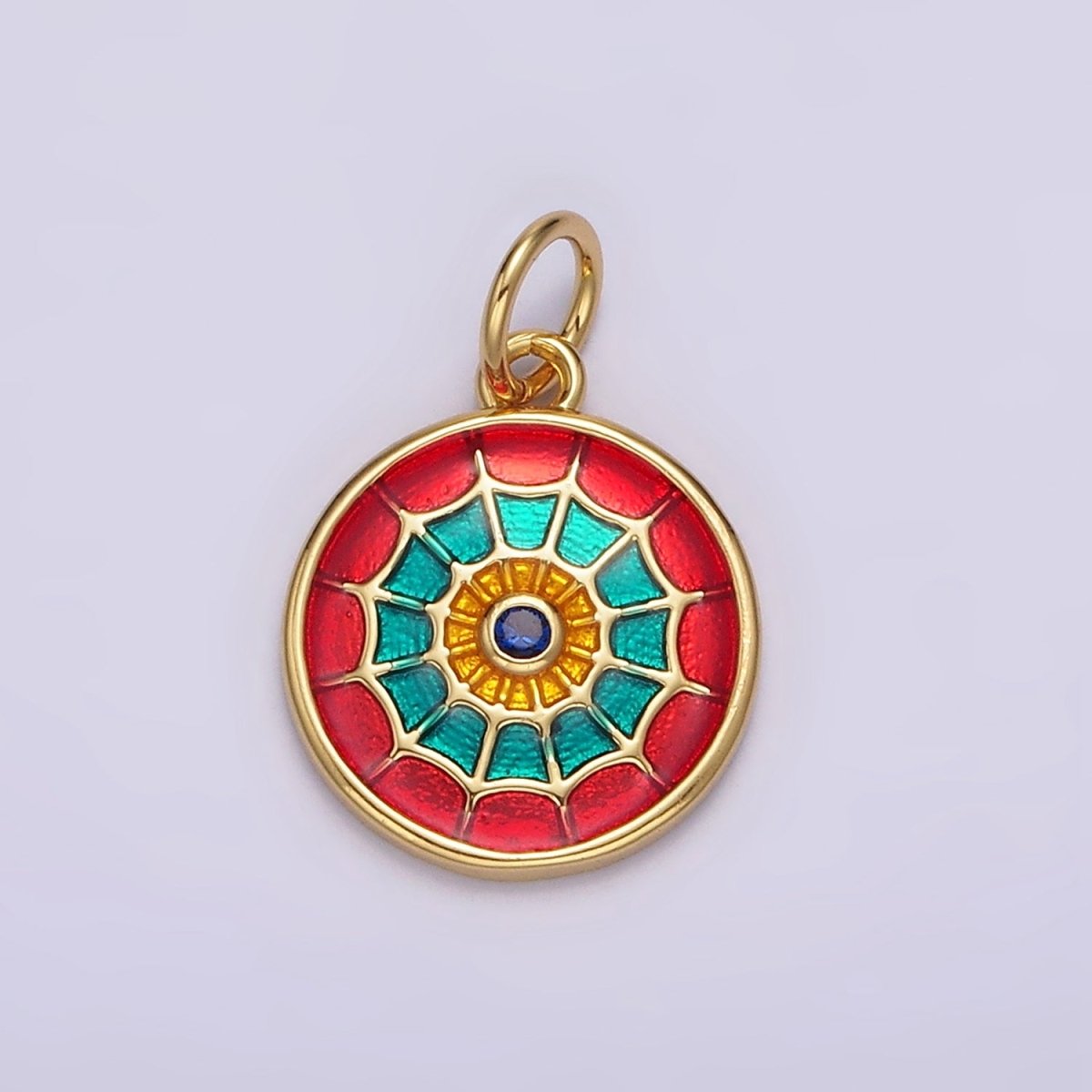 14K Gold Filled Red, Blue Multicolor Spider Web Evil Eye Round Charm | AG525 AG526 - DLUXCA