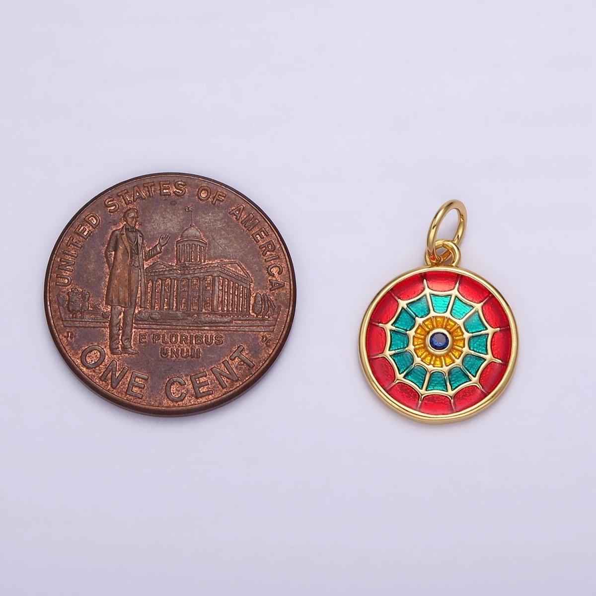14K Gold Filled Red, Blue Multicolor Spider Web Evil Eye Round Charm | AG525 AG526 - DLUXCA