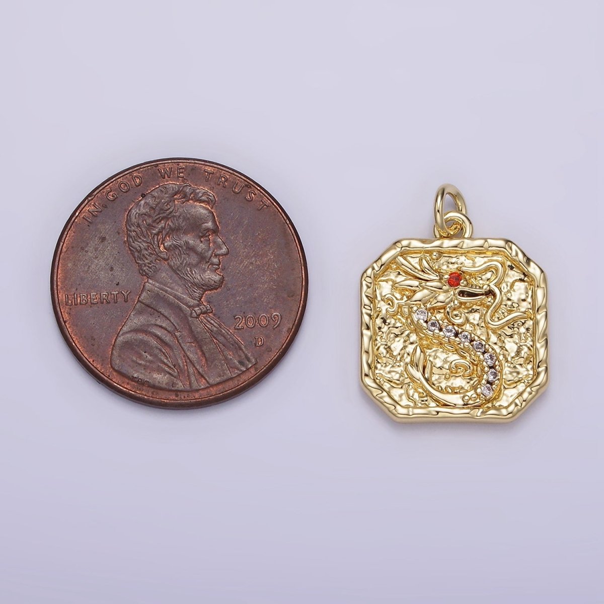 14K Gold Filled Red-Eyed CZ Dragon Micro Paved Hammered Hexagonal Charm | AG278 - DLUXCA