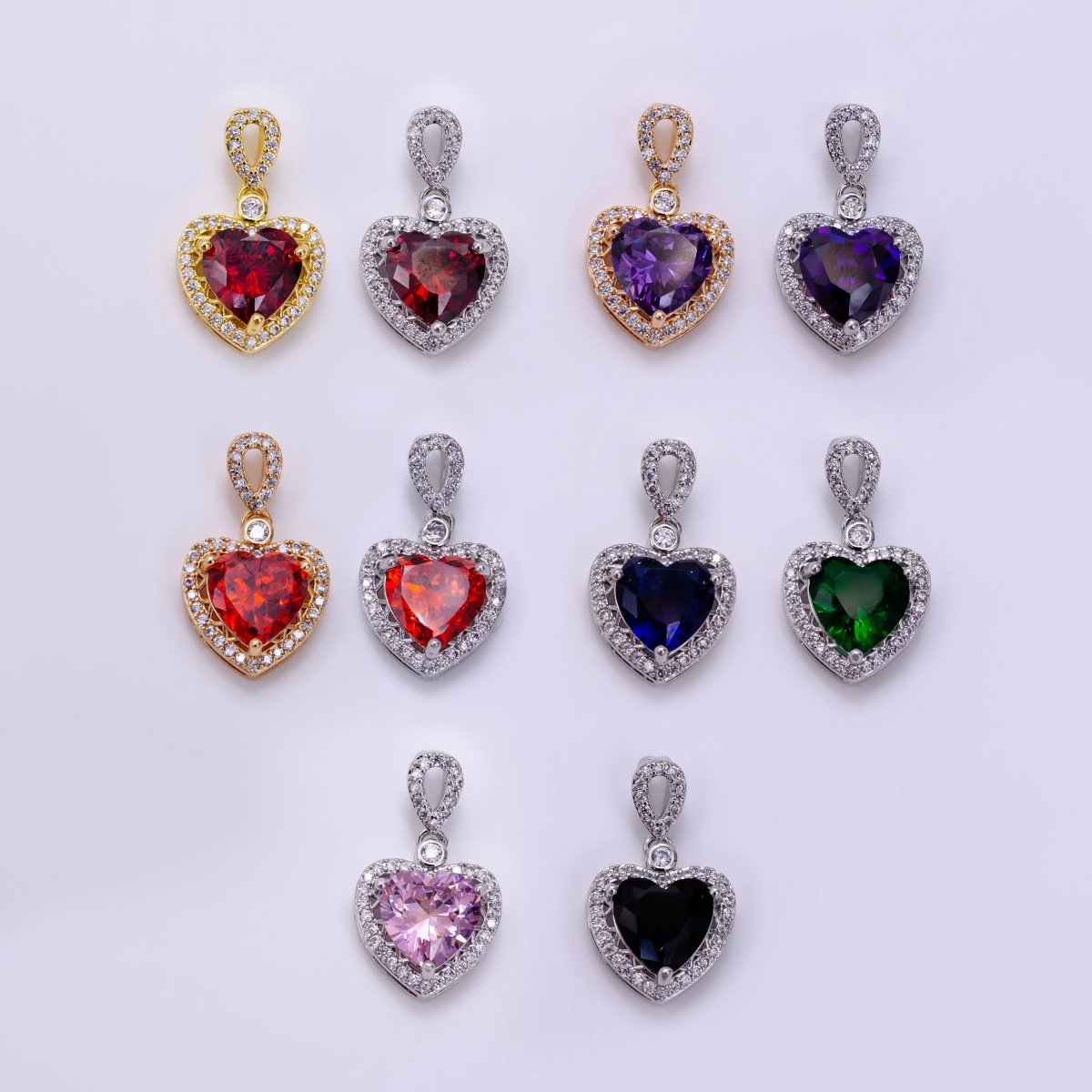 14K Gold Filled Red, Orange, Purple, Blue, Green, Pink, Black Heart Micro Paved CZ Pendant in Gold & Silver | AA1258 - AA1264 - DLUXCA