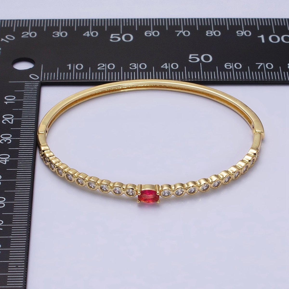 14K Gold Filled Red Oval CZ Round Clear Bezel Hinge Bangle Bracelet | WA-1754 Clearance Pricing - DLUXCA