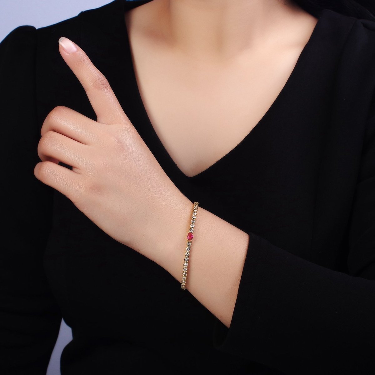 14K Gold Filled Red Oval CZ Round Clear Bezel Hinge Bangle Bracelet | WA-1754 Clearance Pricing - DLUXCA