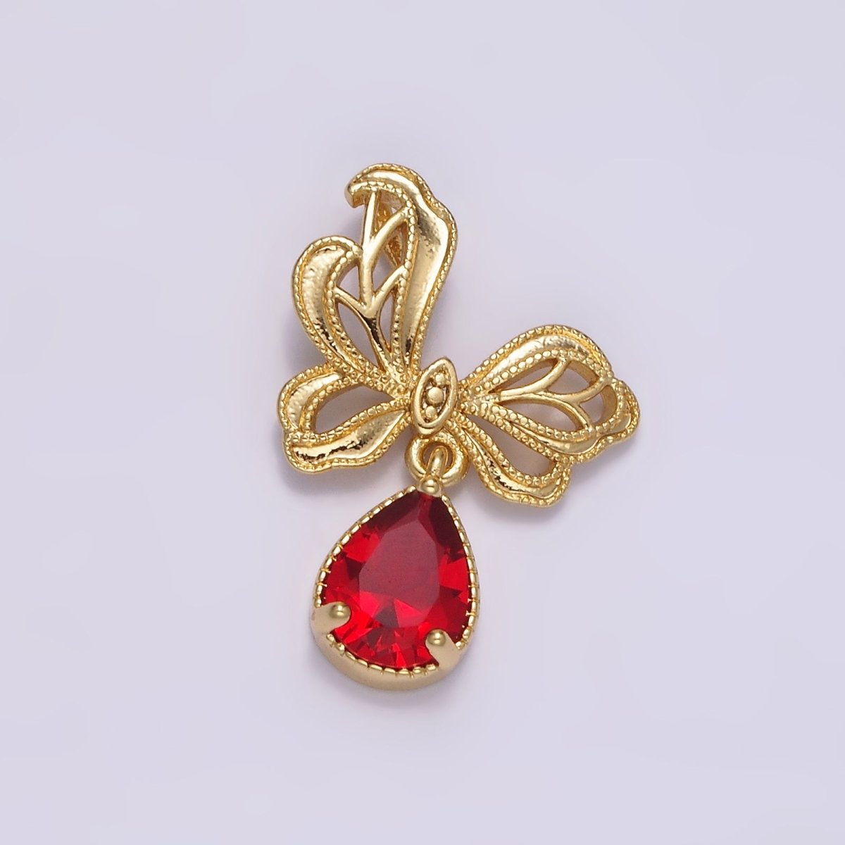 14K Gold Filled Red Teardrop CZ Beaded Butterfly Wings Pendant | AA727 - DLUXCA