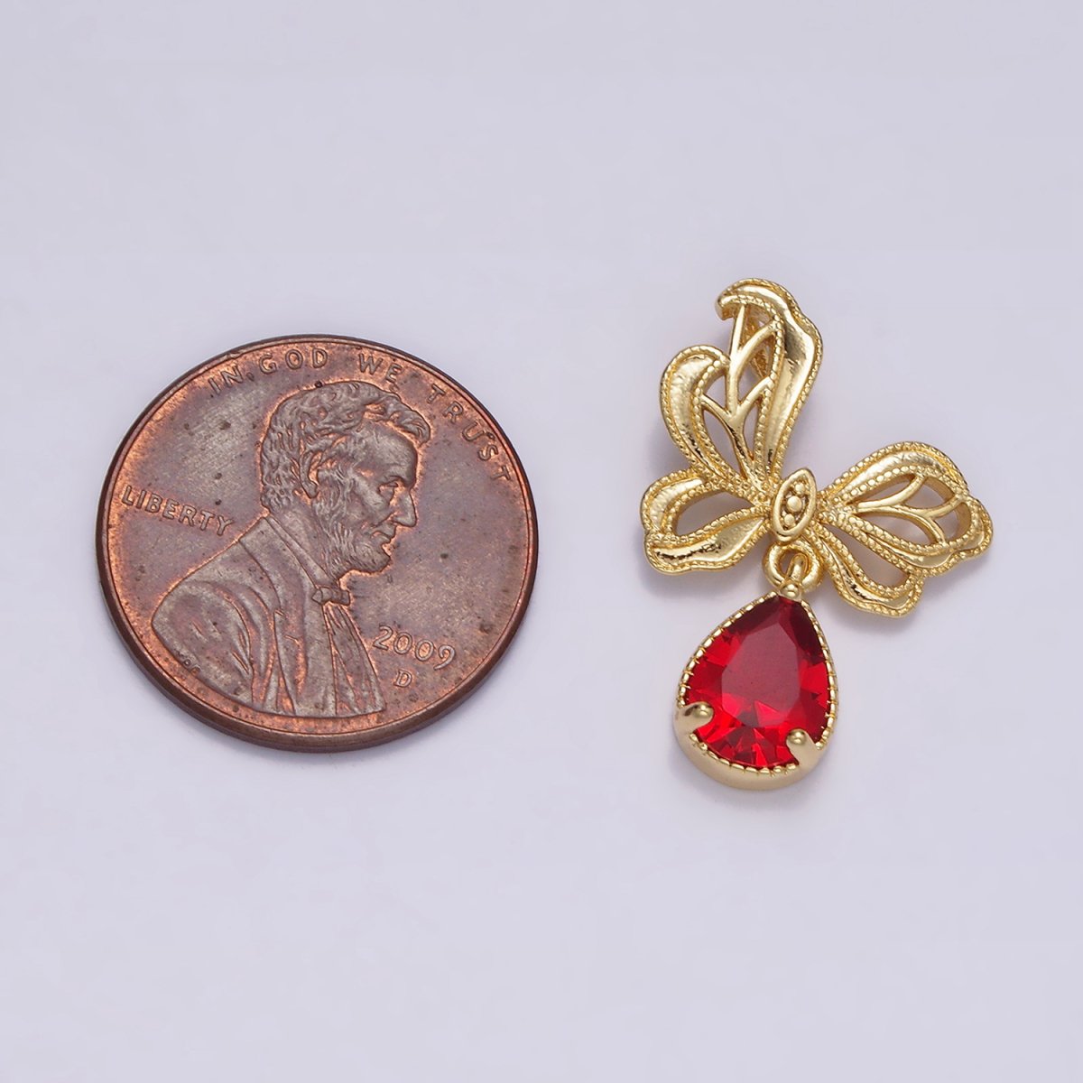 14K Gold Filled Red Teardrop CZ Beaded Butterfly Wings Pendant | AA727 - DLUXCA