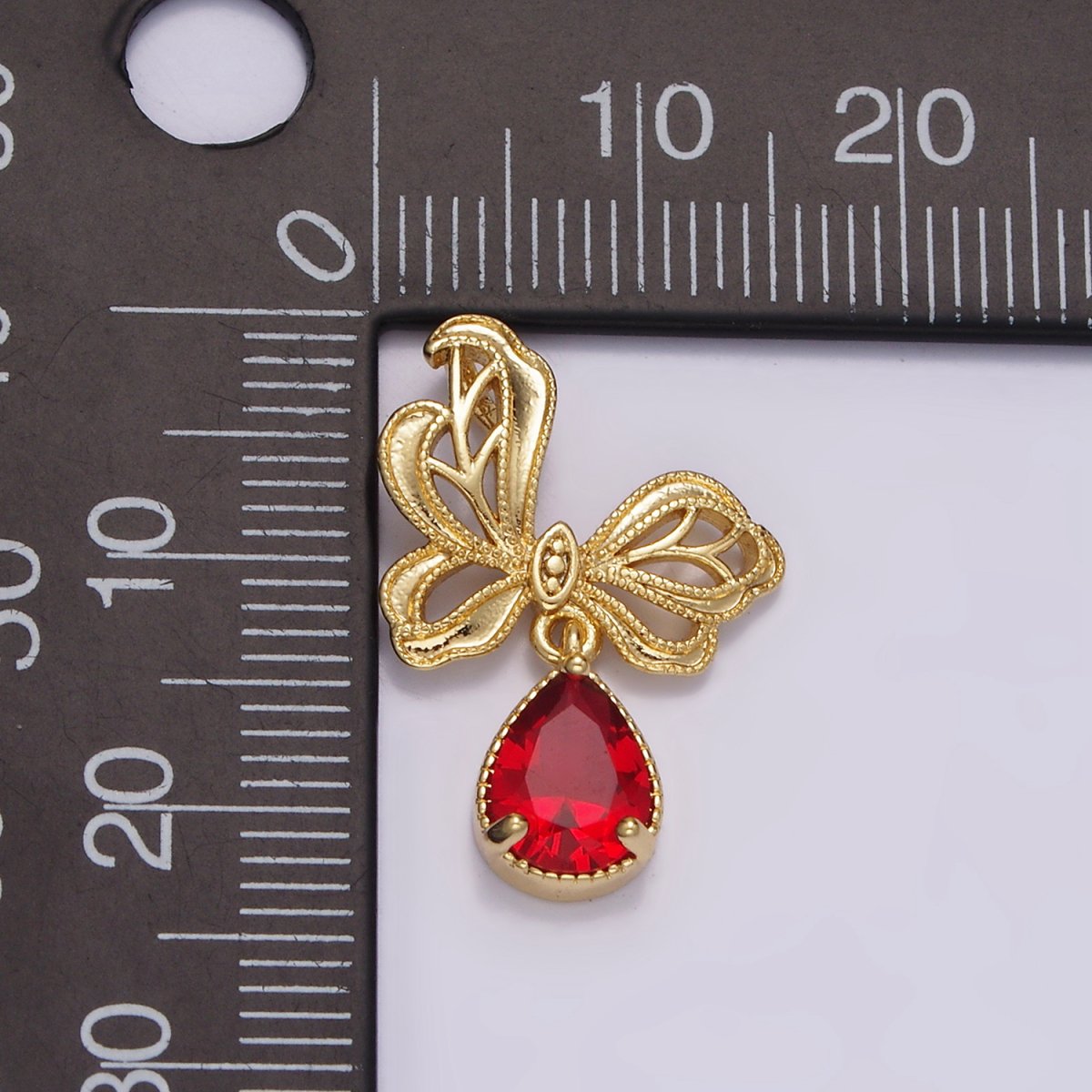14K Gold Filled Red Teardrop CZ Beaded Butterfly Wings Pendant | AA727 - DLUXCA