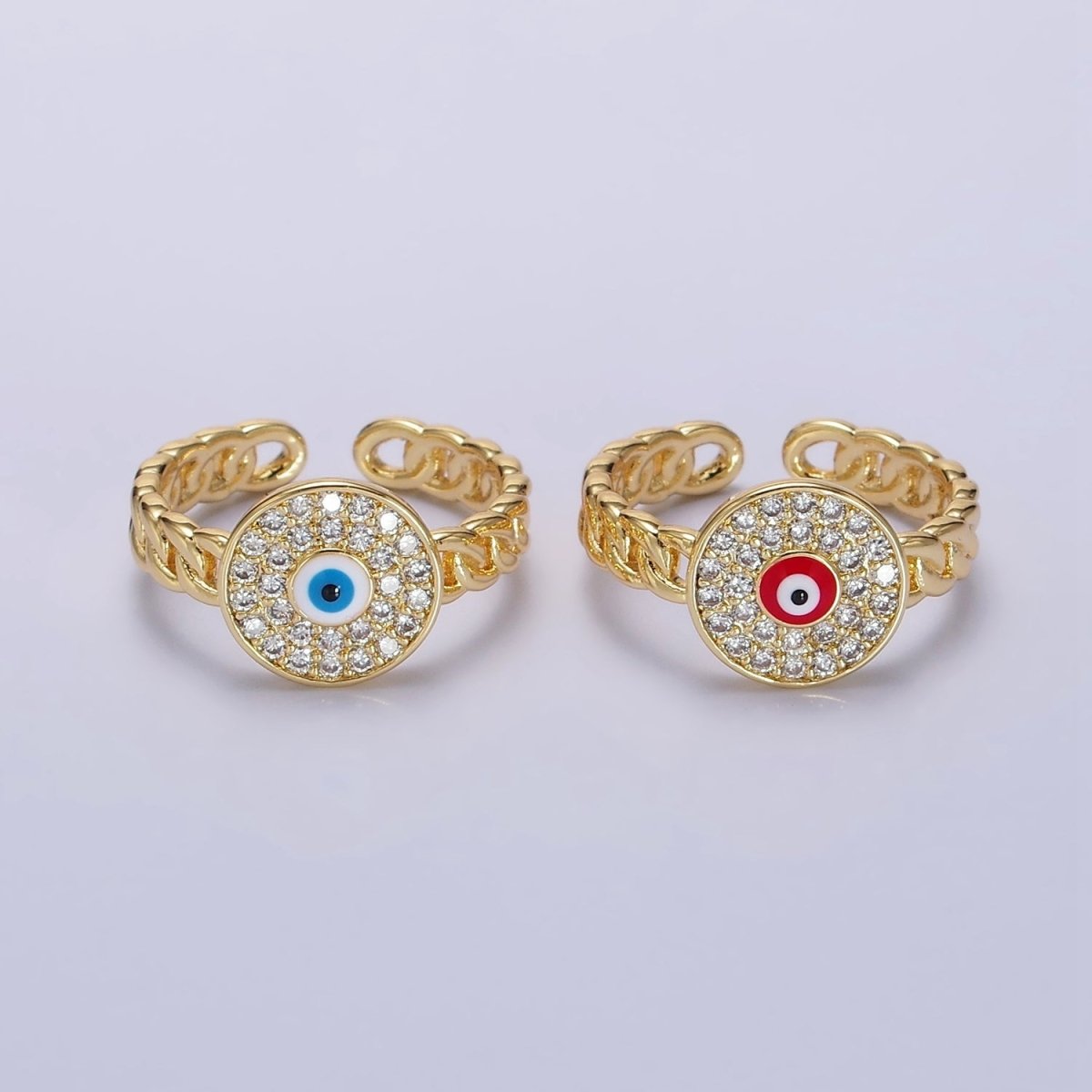 14K Gold Filled Red, White Evil Eye Enamel Round Clear Micro Paved CZ Curb Link Adjustable Ring | O-594 O-595 - DLUXCA