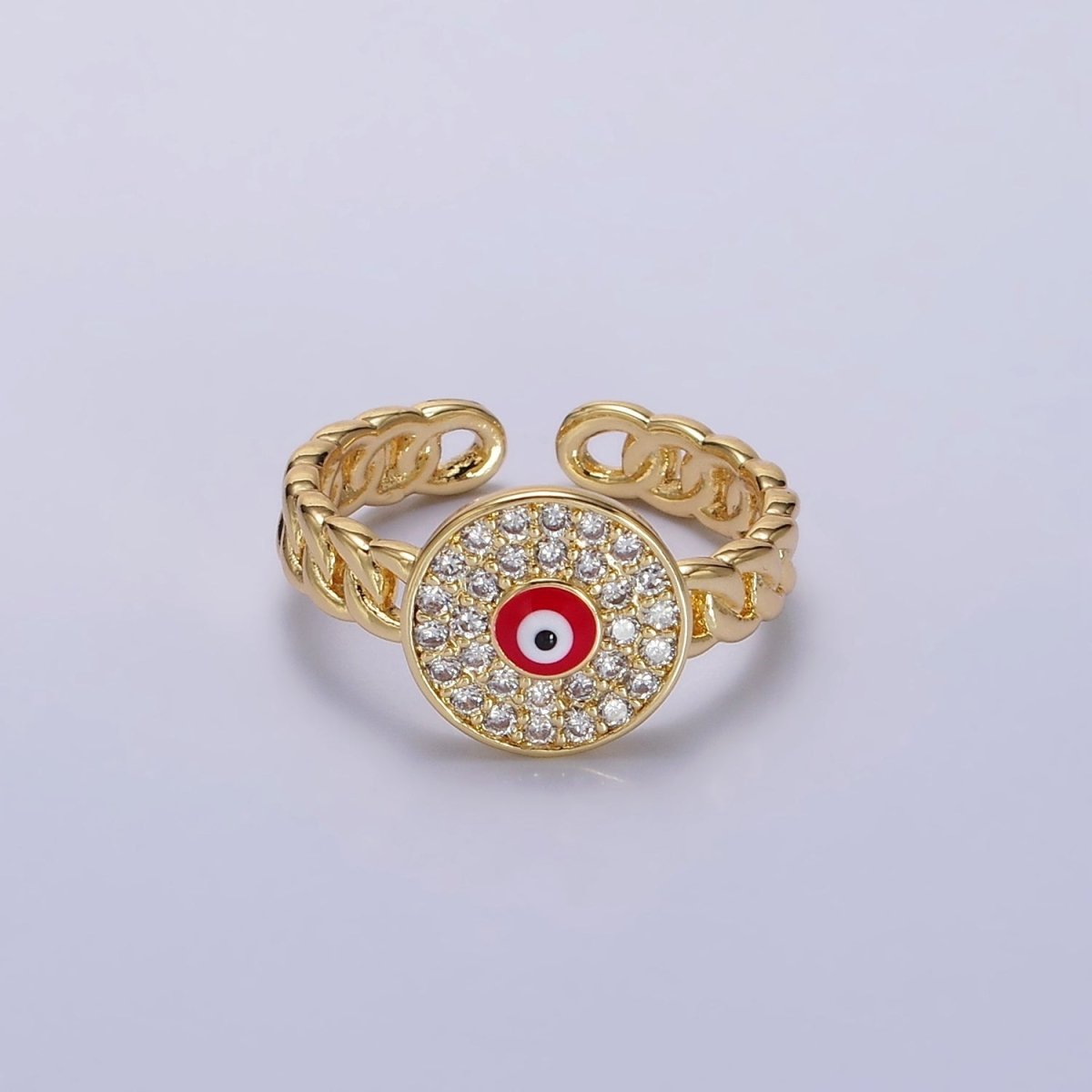 14K Gold Filled Red, White Evil Eye Enamel Round Clear Micro Paved CZ Curb Link Adjustable Ring | O-594 O-595 - DLUXCA