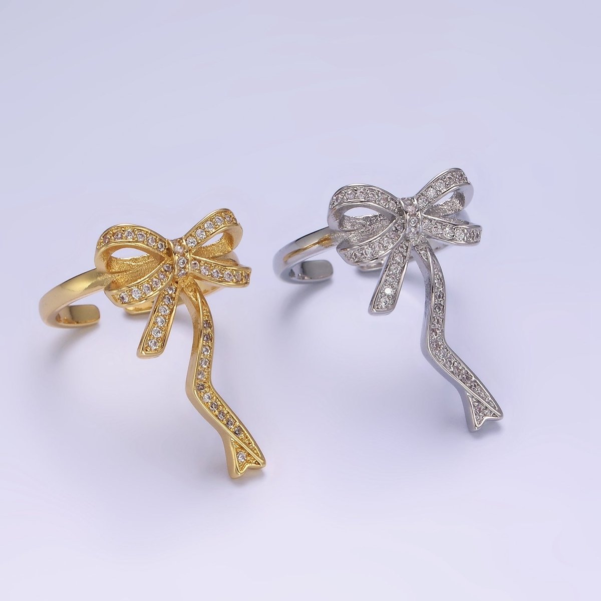 14K Gold Filled Ribbon Bow Micro Paved CZ Adjustable Ring Coquette Girl Jewelry | O1310 - DLUXCA