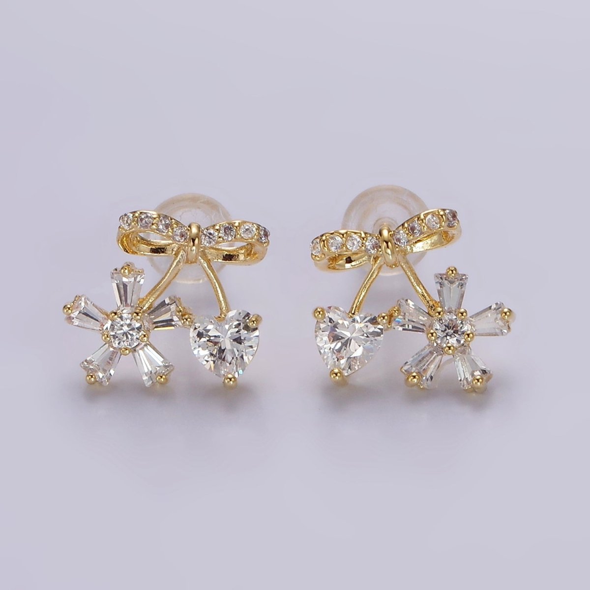 14K Gold Filled Ribbon Micro Paved CZ Heart Flower Stud Earrings in Gold & Silver | V318 V319 - DLUXCA