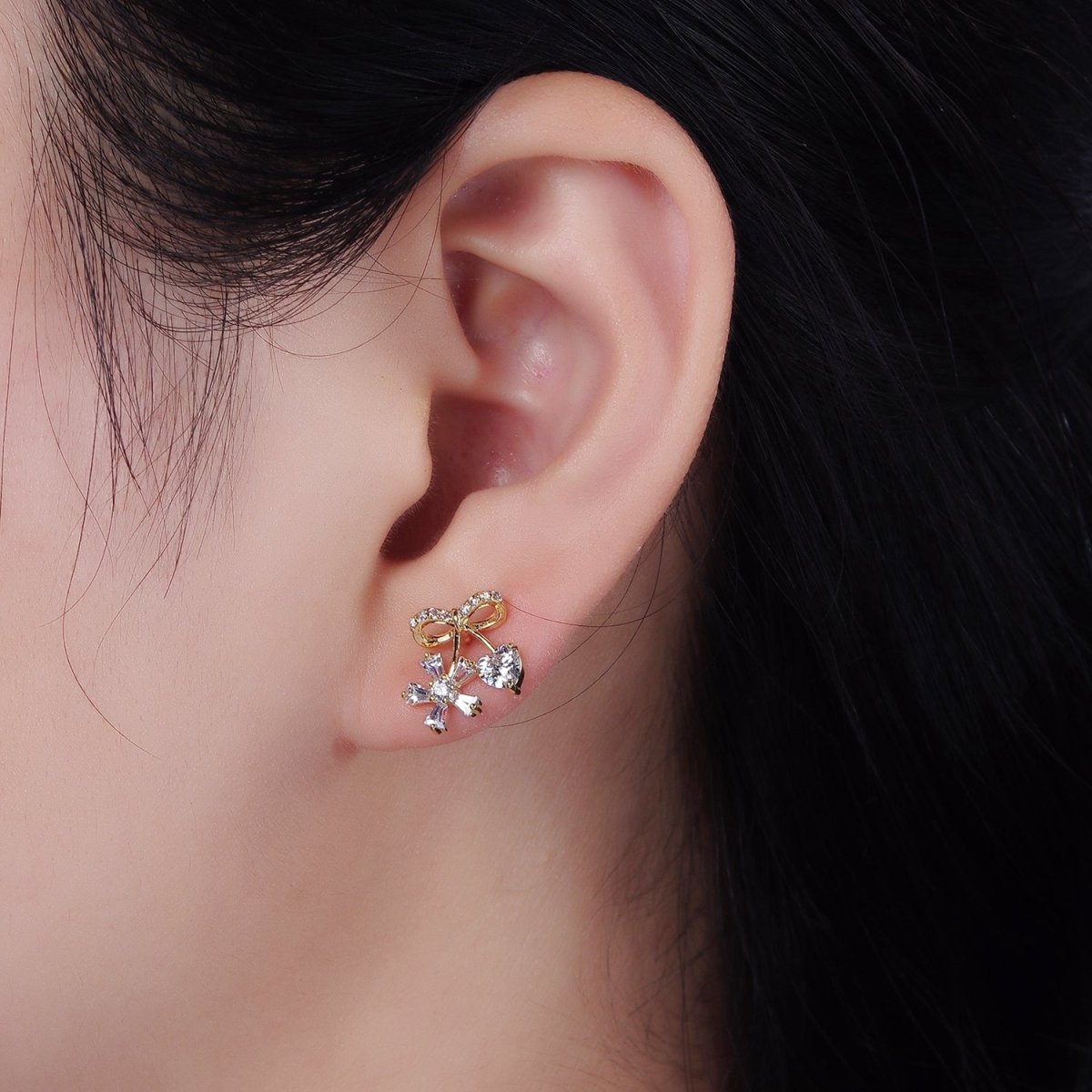 14K Gold Filled Ribbon Micro Paved CZ Heart Flower Stud Earrings in Gold & Silver | V318 V319 - DLUXCA