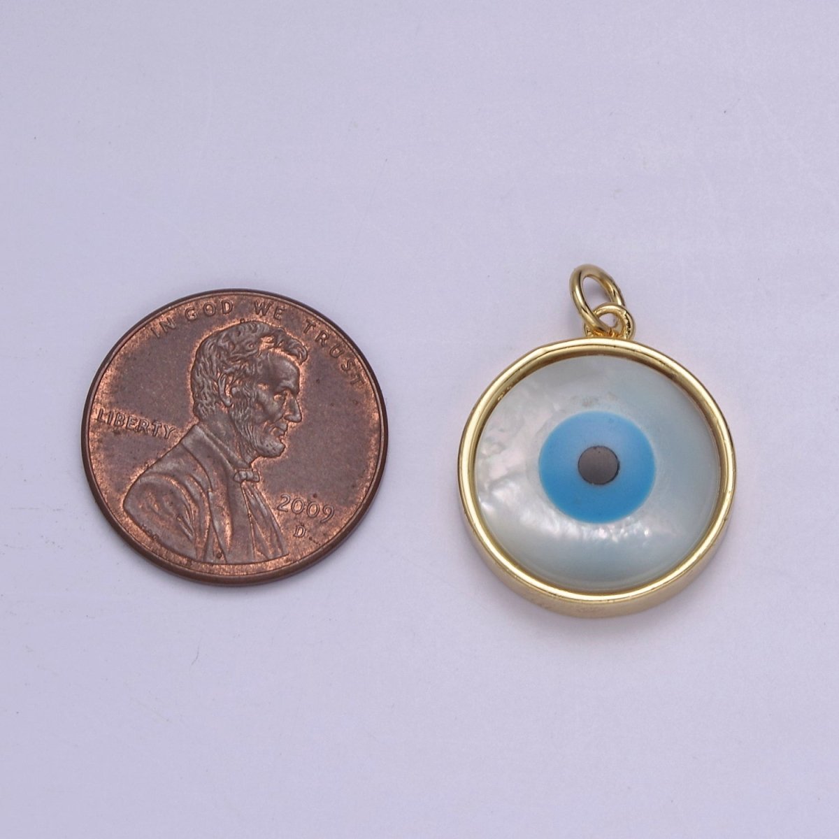 14k Gold Filled Rim Evil Eye Charm Pendant- Gold Round Evil Eye Charm with Natural White Shell Evil Eye N-833 - DLUXCA