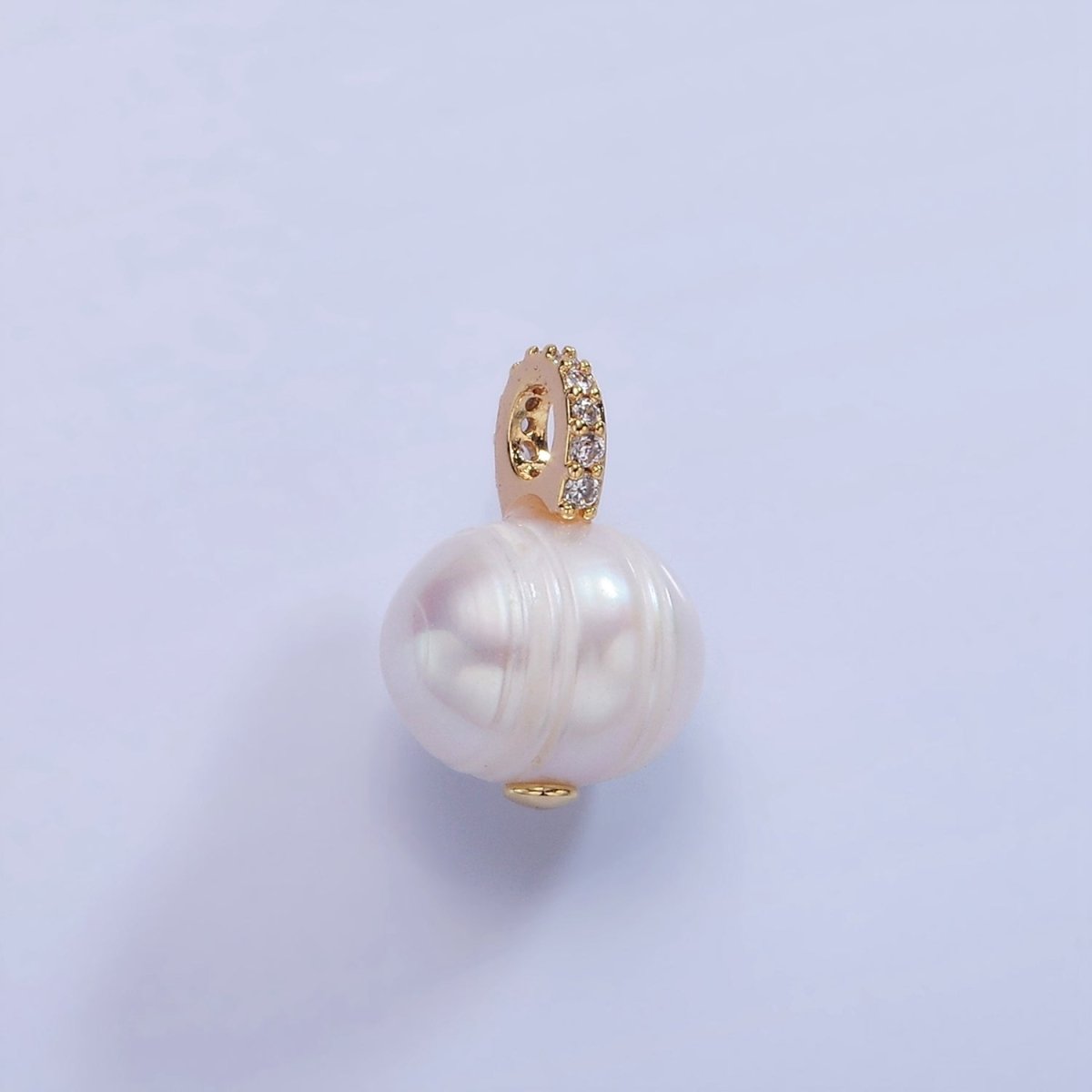 14K Gold Filled Ringed Button Freshwater Pearl Micro Paved CZ Bail Drop Pendant | P1708 - DLUXCA